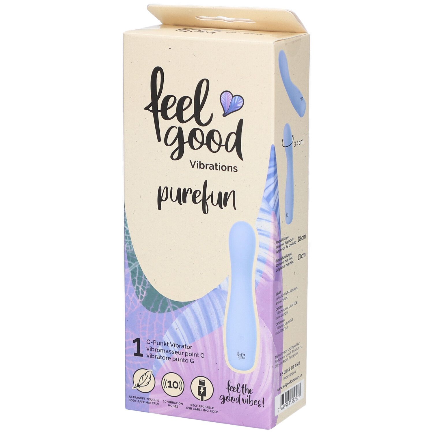 Verpackung mit Produktabbildung. Aufschrift: feel good vibrations purefun. G-Punkt Vibrator. Farbe: hellblau.