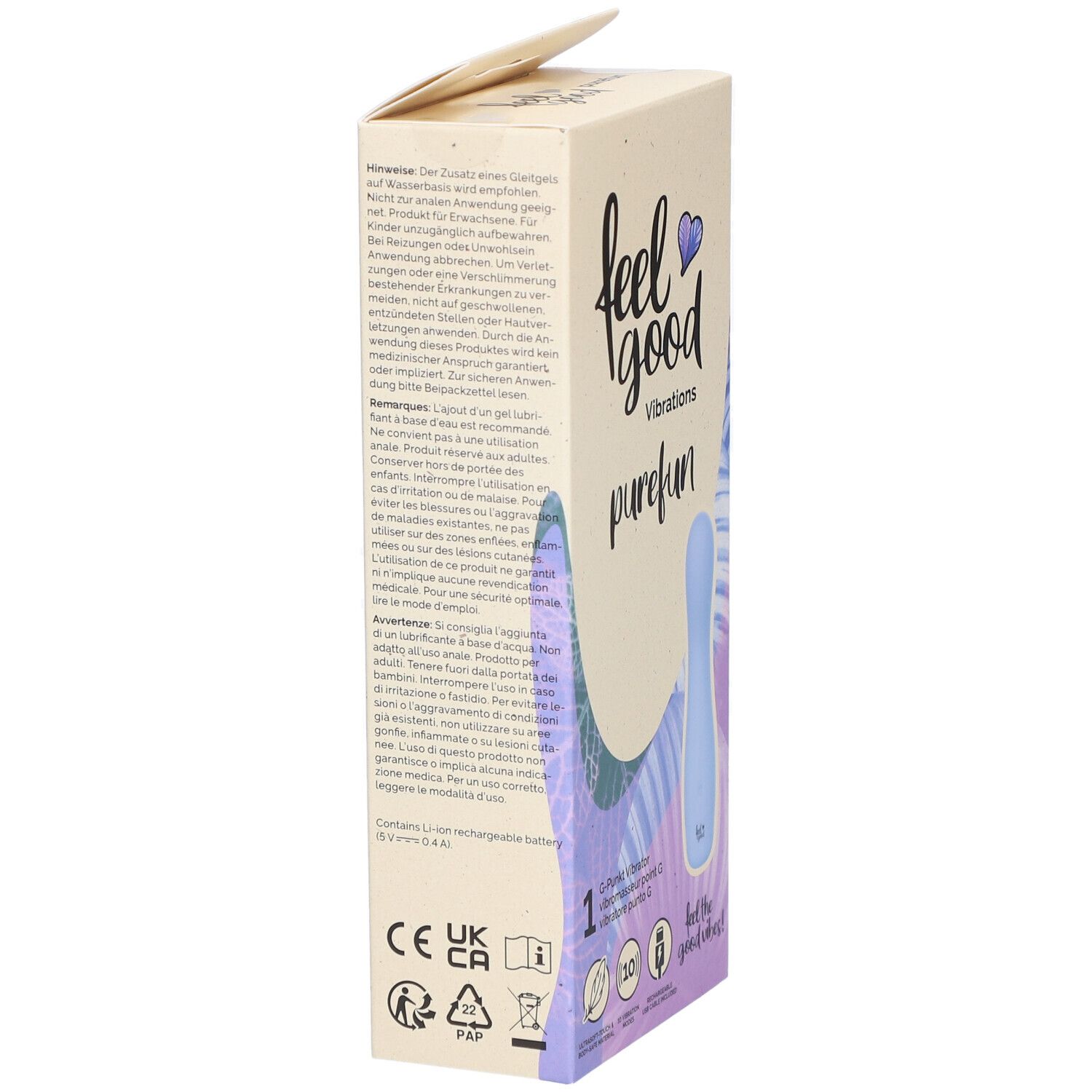 Seitenansicht der Verpackung. Aufschrift: feel good vibrations purefun. Logos und Zertifizierungen. Text in mehreren Sprachen.