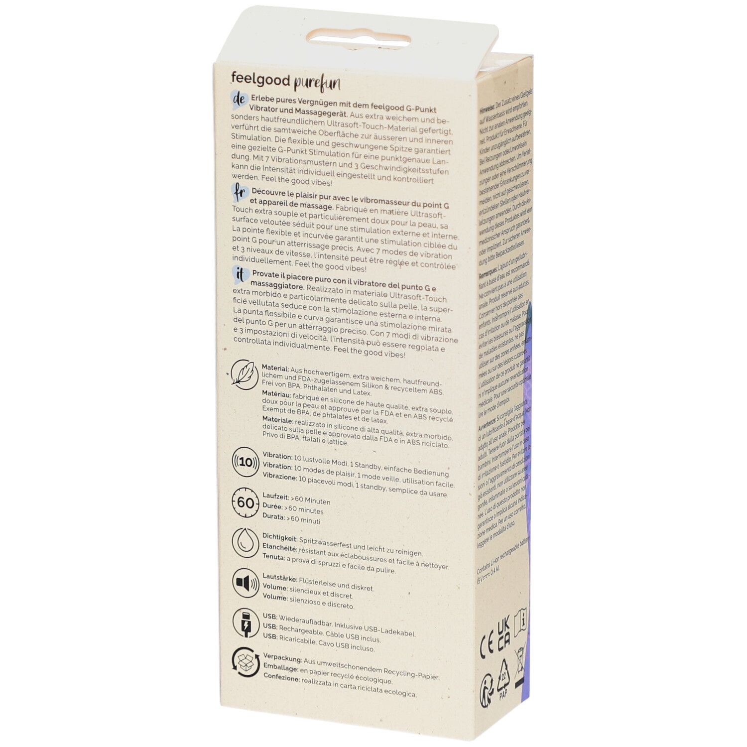 Rückseite der Verpackung. Text in mehreren Sprachen. Informationen zum Produkt und zur Verwendung. Logos und Zertifizierungen.