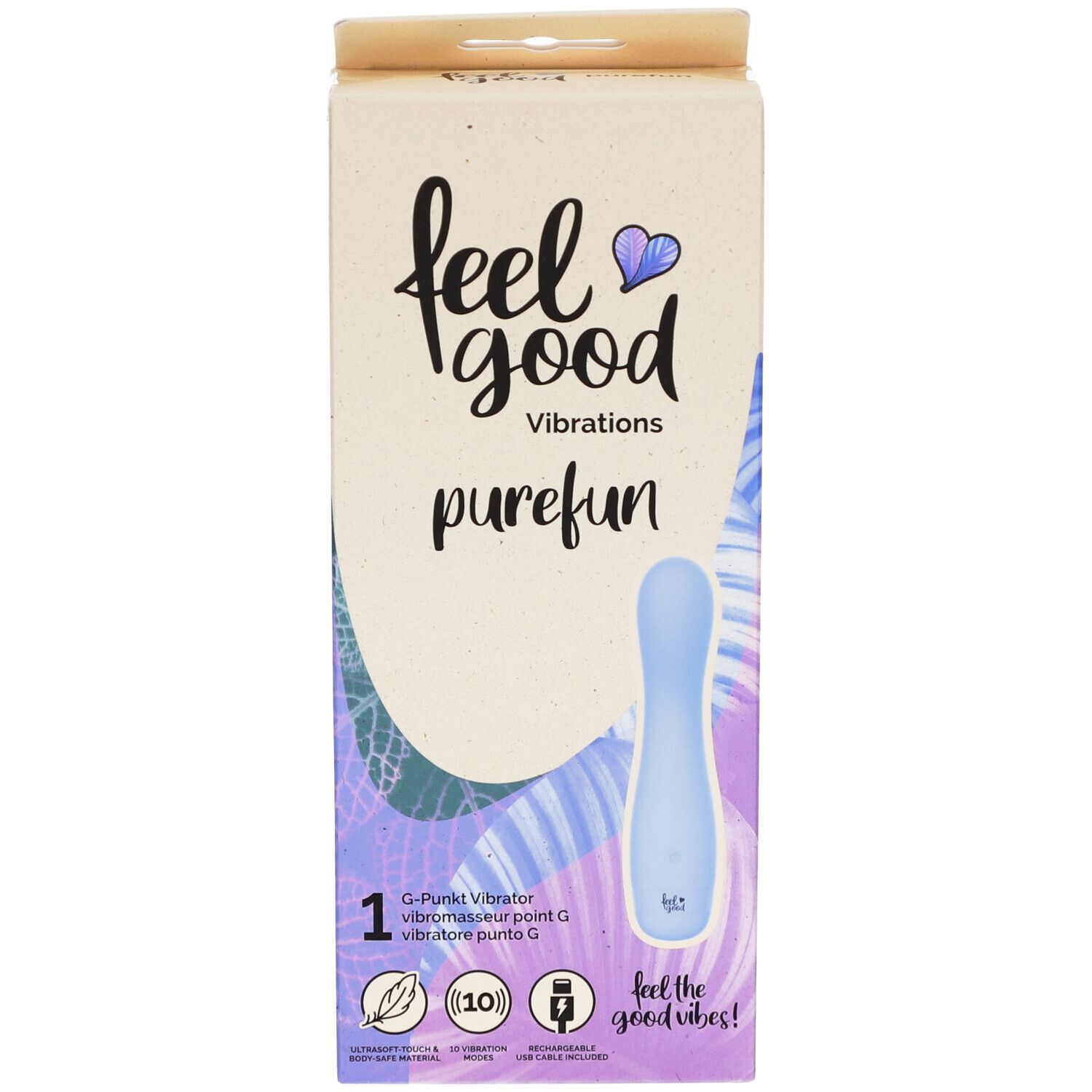 Verpackung mit Produktabbildung. Aufschrift: feel good vibrations purefun. G-Punkt Vibrator. Farbe: hellblau.