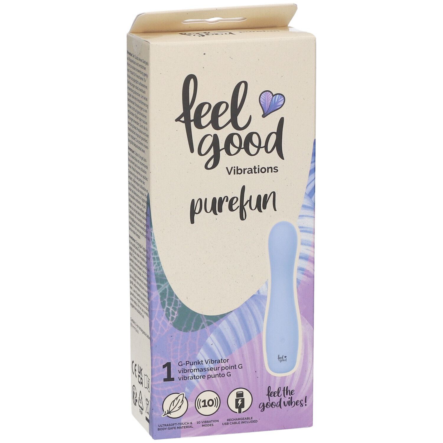 Verpackung mit Produktabbildung. Aufschrift: feel good vibrations purefun. G-Punkt Vibrator. Farbe: hellblau.
