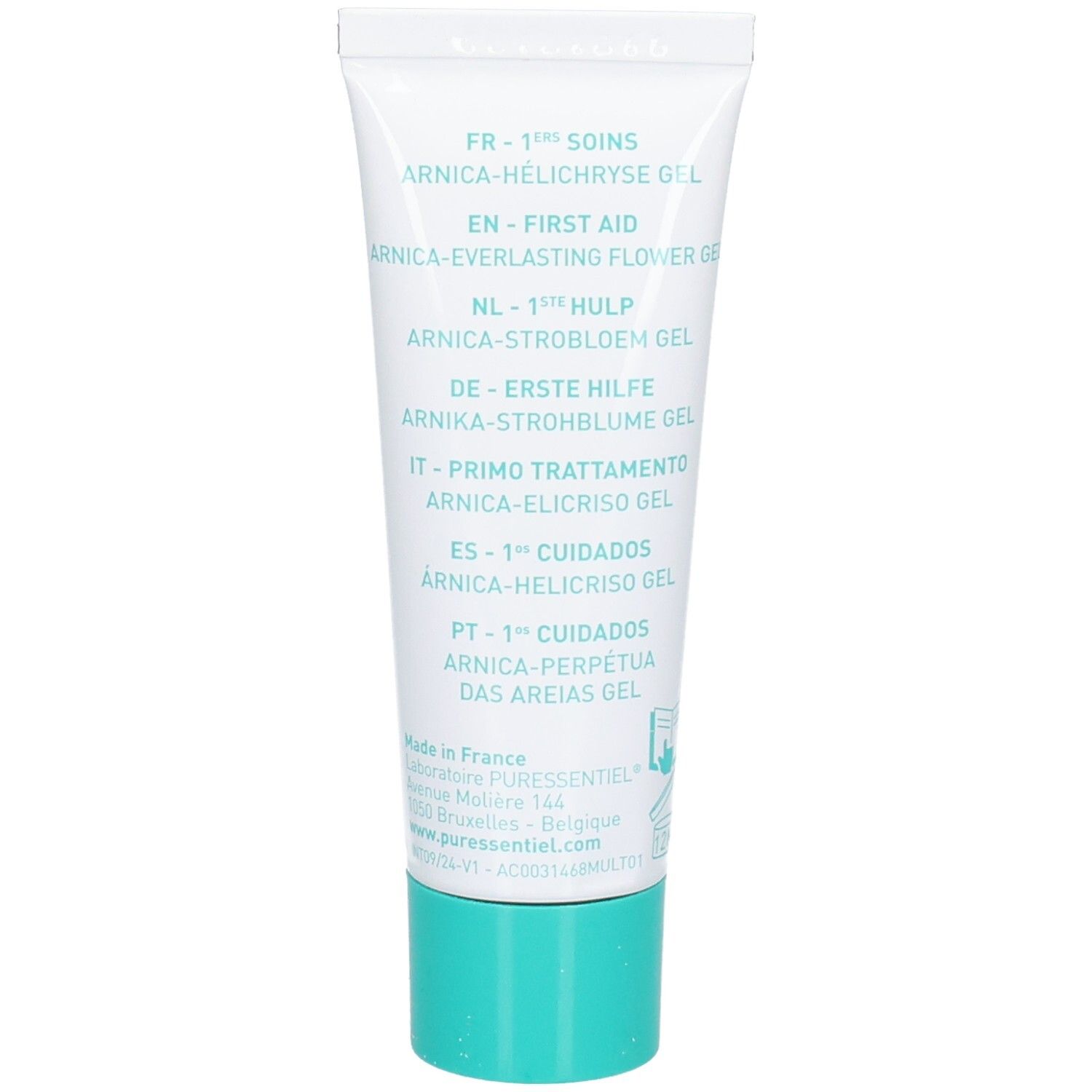 Rückseite der Puressentiel Erste Hilfe Gel Tube mit mehrsprachigen Produktinformationen.