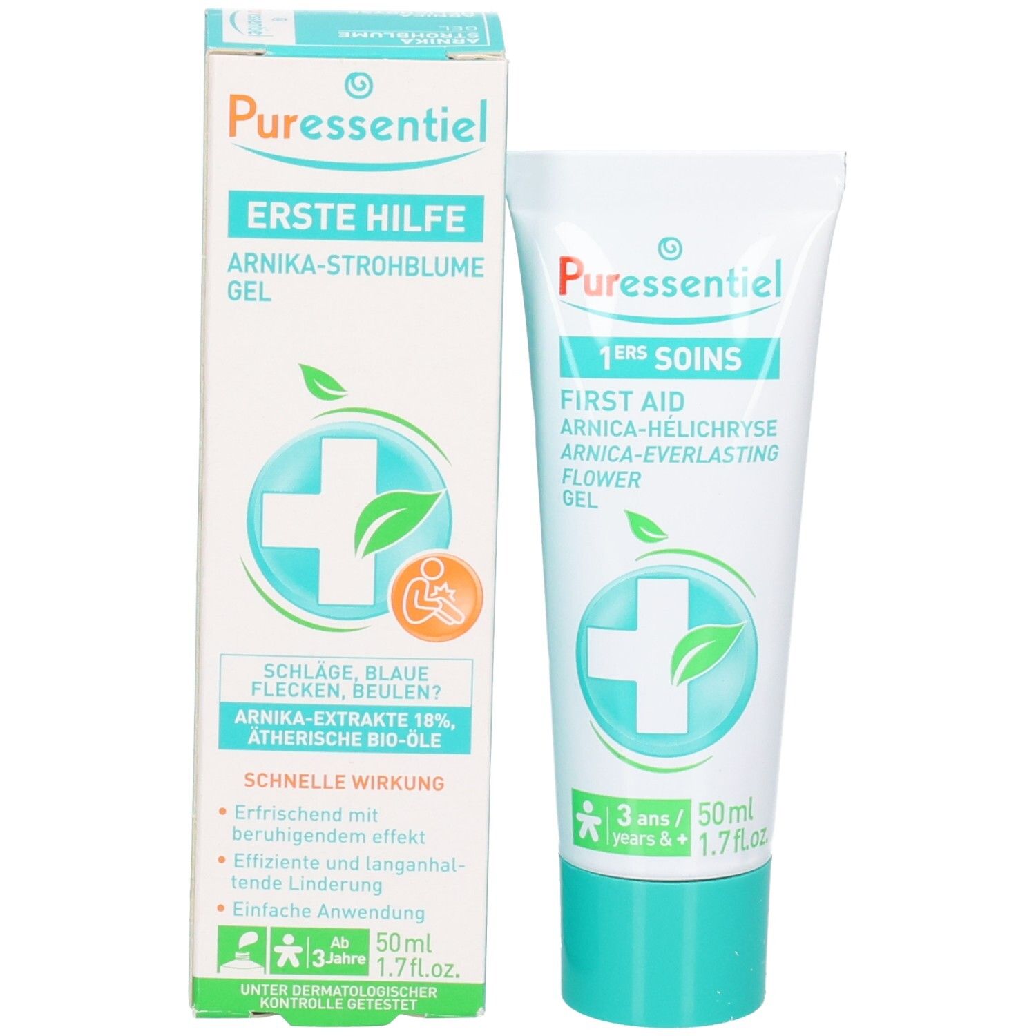 Puressentiel Erste Hilfe Gel mit Arnika und Strohblume, Tube und Faltschachtel.