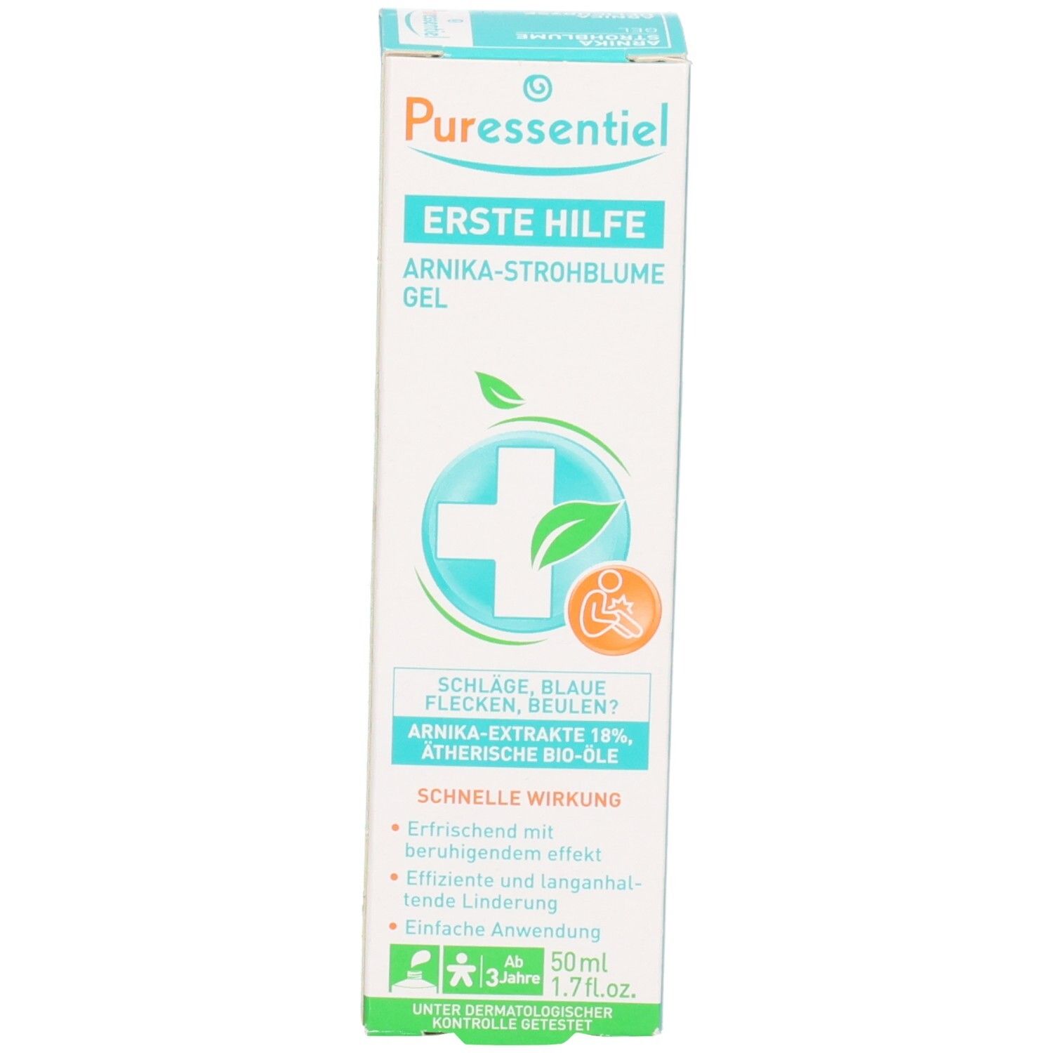 Faltschachtel Puressentiel Erste Hilfe Gel mit Arnika und Strohblume, Vorderseite.