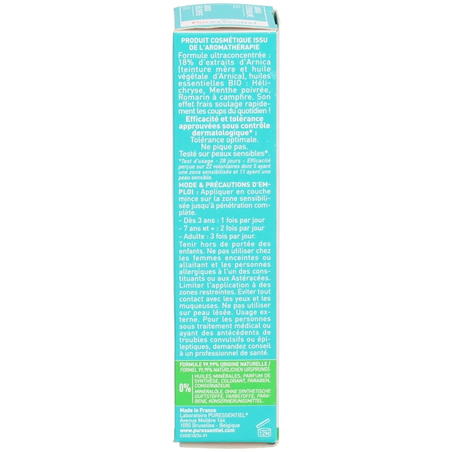 Seite der Faltschachtel Puressentiel Erste Hilfe Gel mit Anwendungshinweisen.