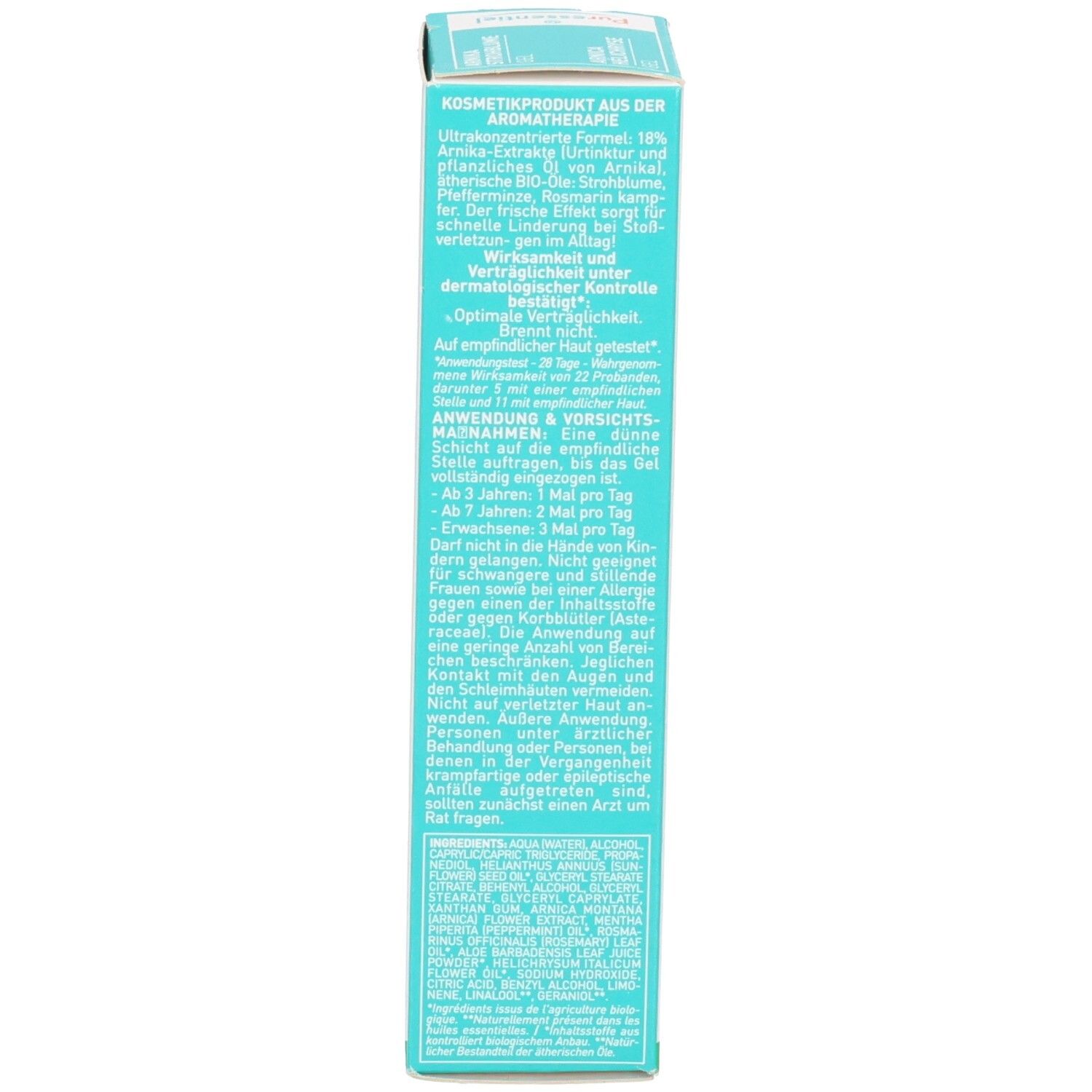 Rückseite der Faltschachtel Puressentiel Erste Hilfe Gel mit detaillierten Informationen.