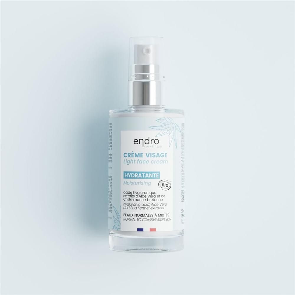 Flacon de crème visage avec pompe. Inscription: endro, Crème Visage, Hydratante. Certification bio. Drapeau français.
