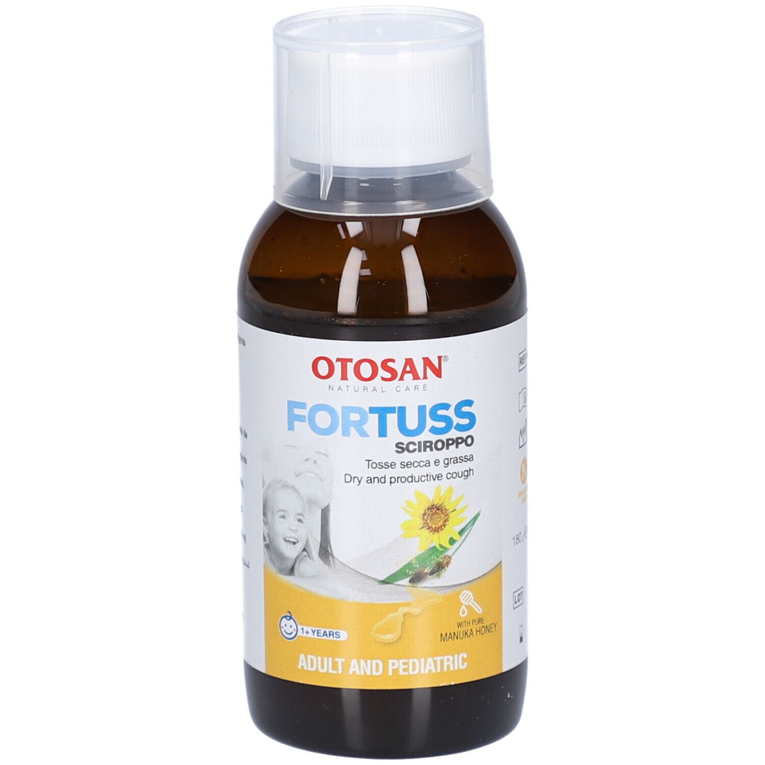 Braune Flasche mit weißem Deckel. Etikett mit Produktnamen, Sonnenblume und Kind. Text: Adult and Pediatric.