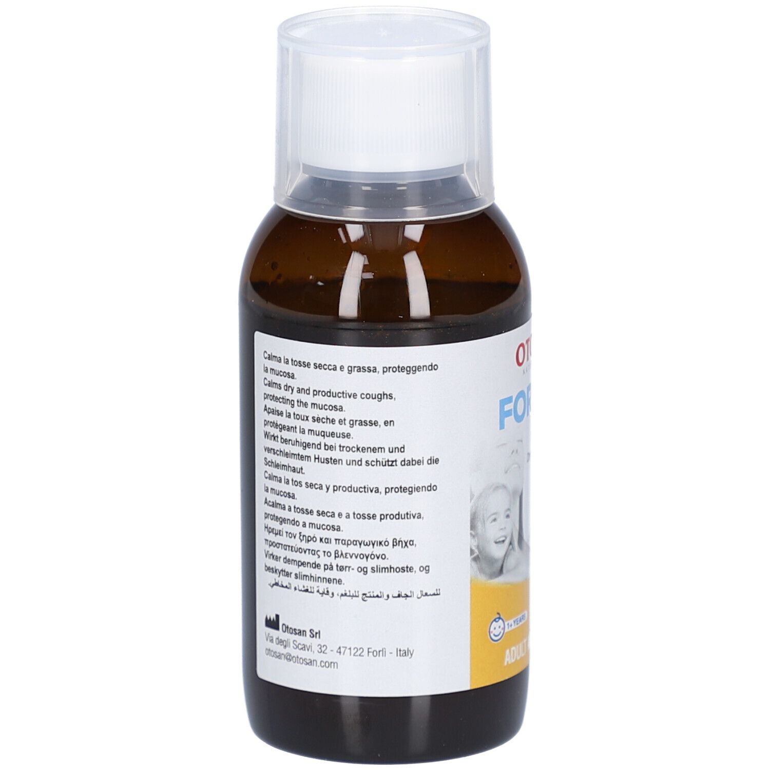 Rückseite einer braunen Flasche mit weißem Deckel. Mehrsprachige Texte auf dem Etikett. Herstelleradresse.