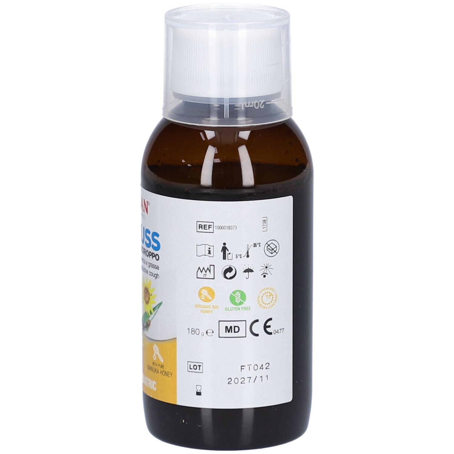 Braune Flasche mit weißem Deckel. Etikett mit Produktinformationen und Symbolen. CE-Kennzeichnung.