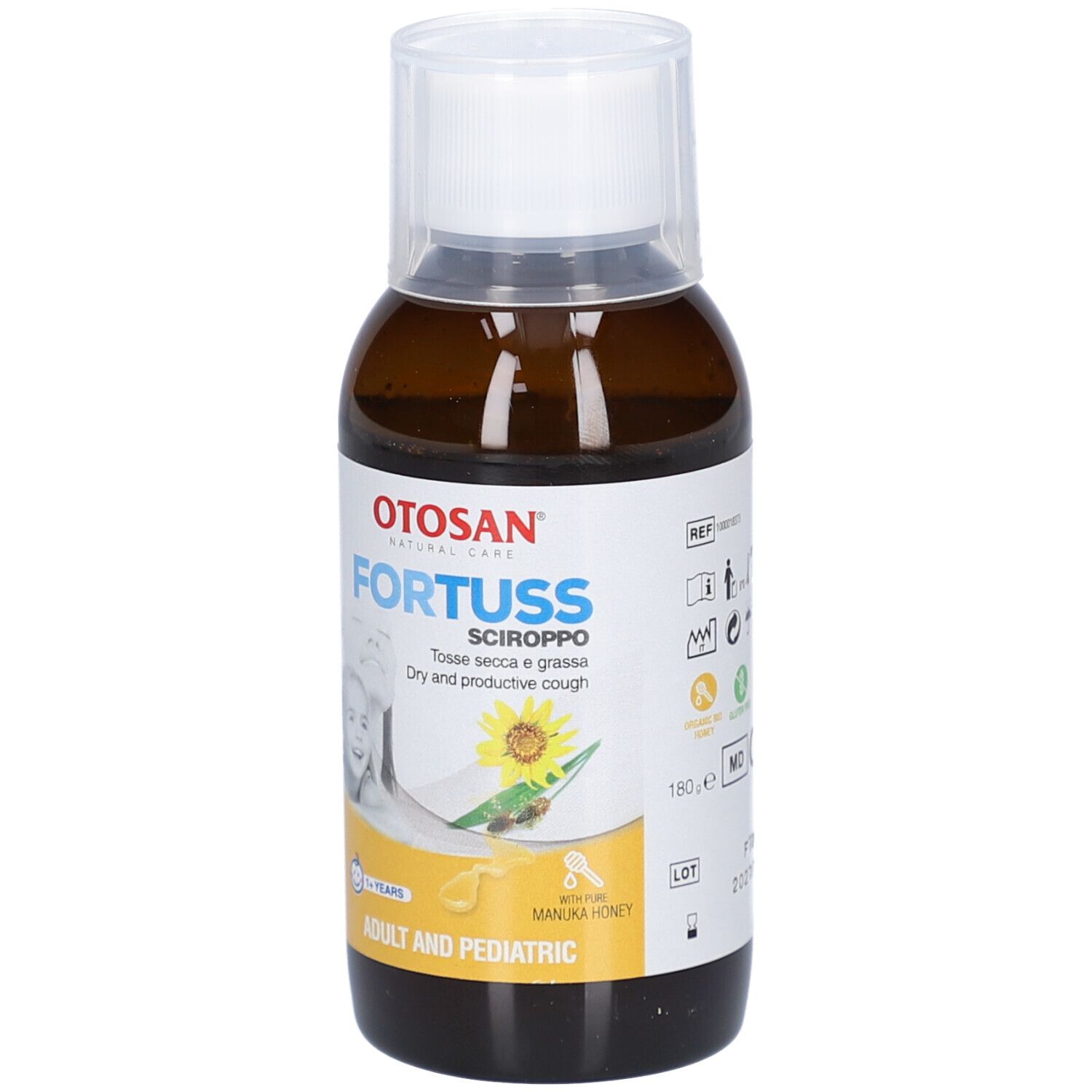 Braune Flasche mit weißem Deckel. Etikett mit Produktnamen, Sonnenblume und Kind. Text: Adult and Pediatric.