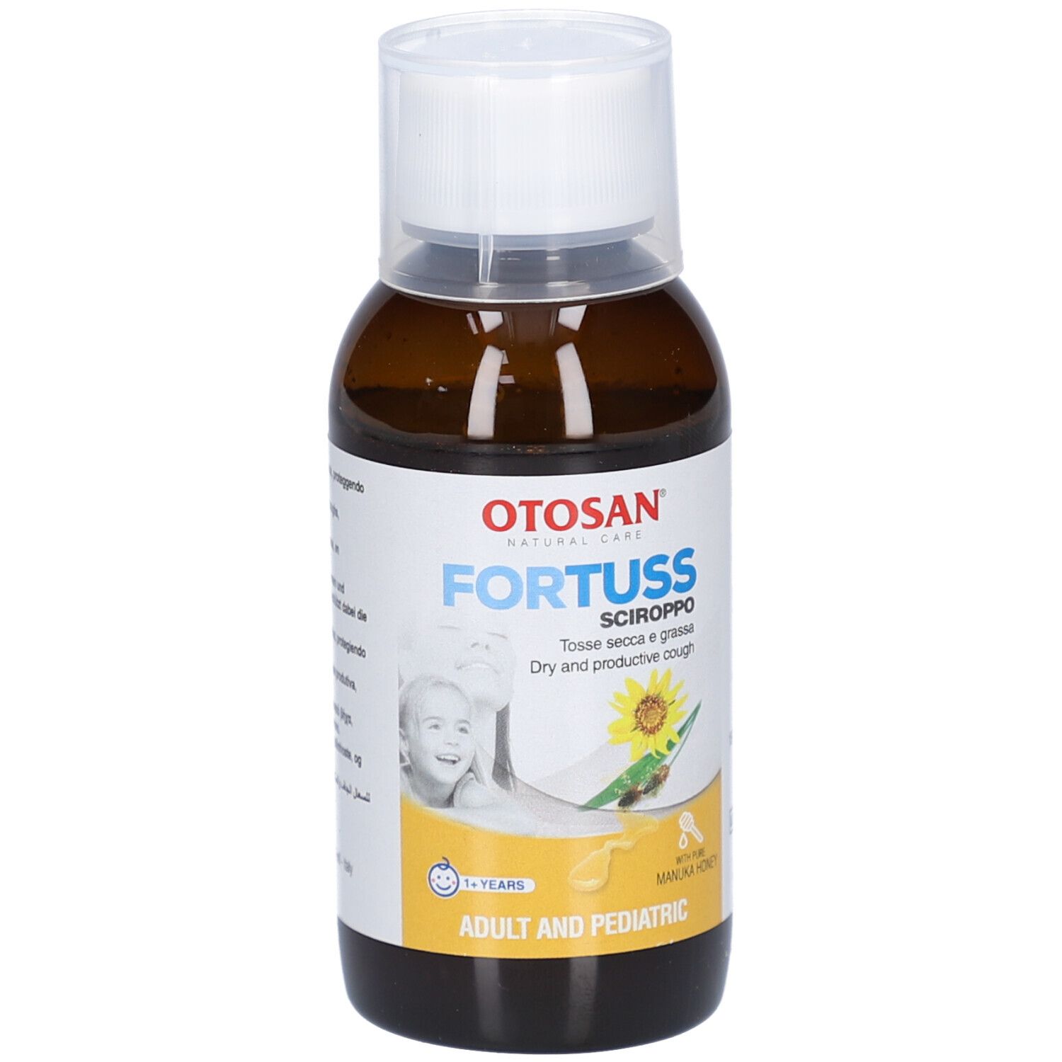 Braune Flasche mit weißem Deckel. Etikett mit Produktnamen, Sonnenblume und Kind. Text: Adult and Pediatric.