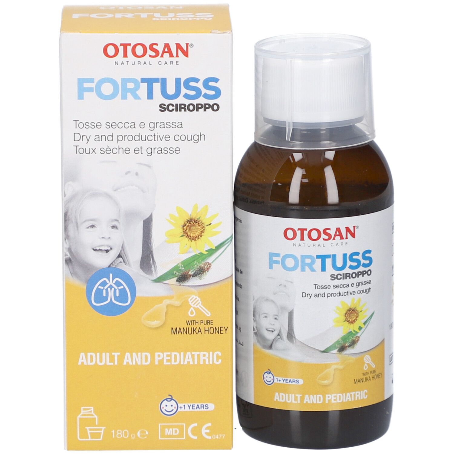 Produktflasche und -verpackung. Verpackung mit Produktnamen, Kind und Sonnenblume. Text: Adult and Pediatric.