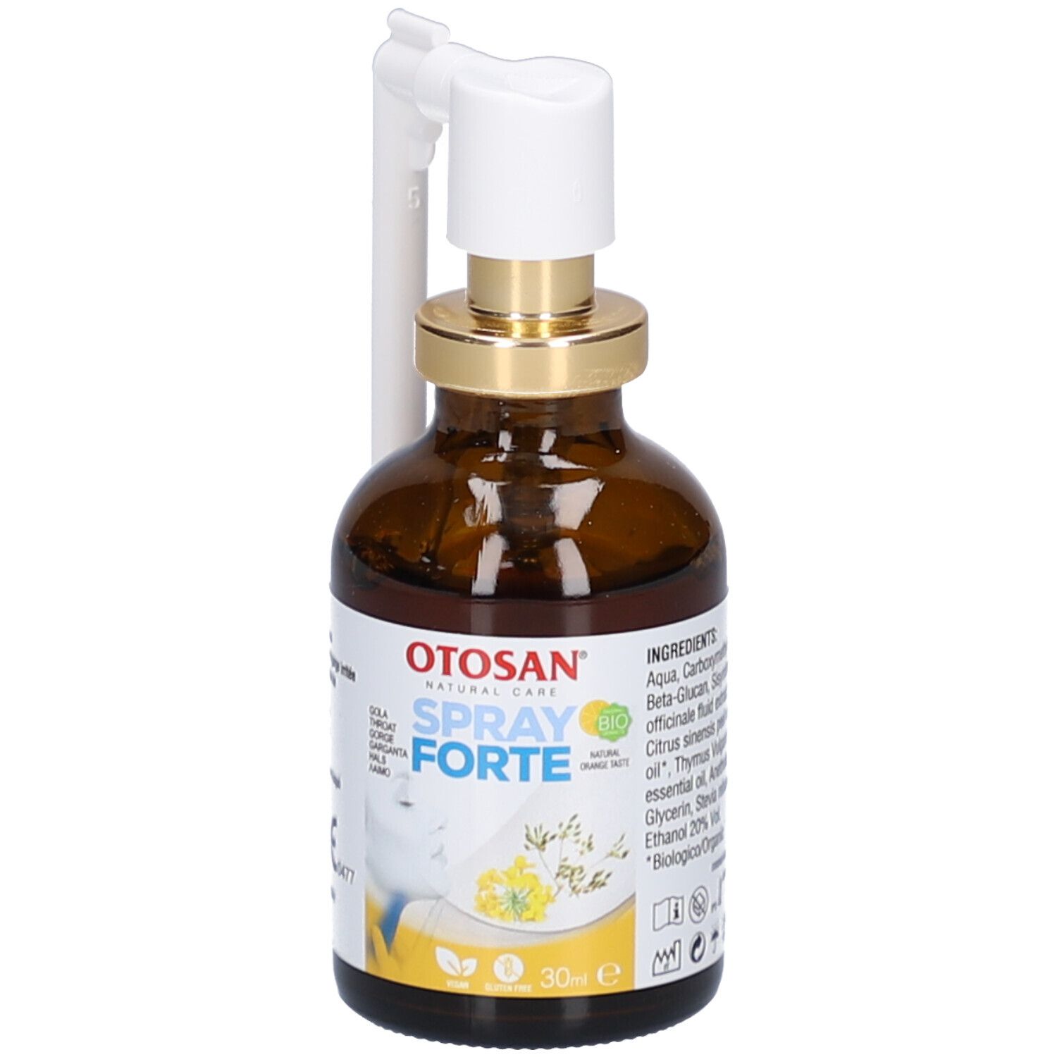 Braune Glasflasche mit Sprühkopf. Aufschrift: Otosan Spray Forte. Enthält Inhaltsstoffe wie Aqua, Beta-Glucan, Thymianöl.