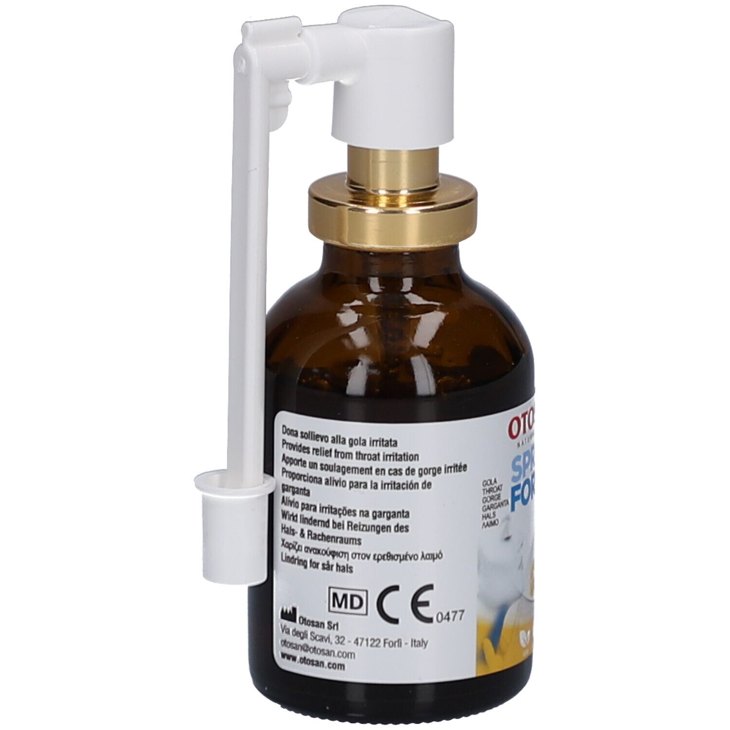 Braune Glasflasche mit Sprühkopf. Aufschrift: Otosan Spray Forte. Enthält Inhaltsstoffe. Text in mehreren Sprachen.