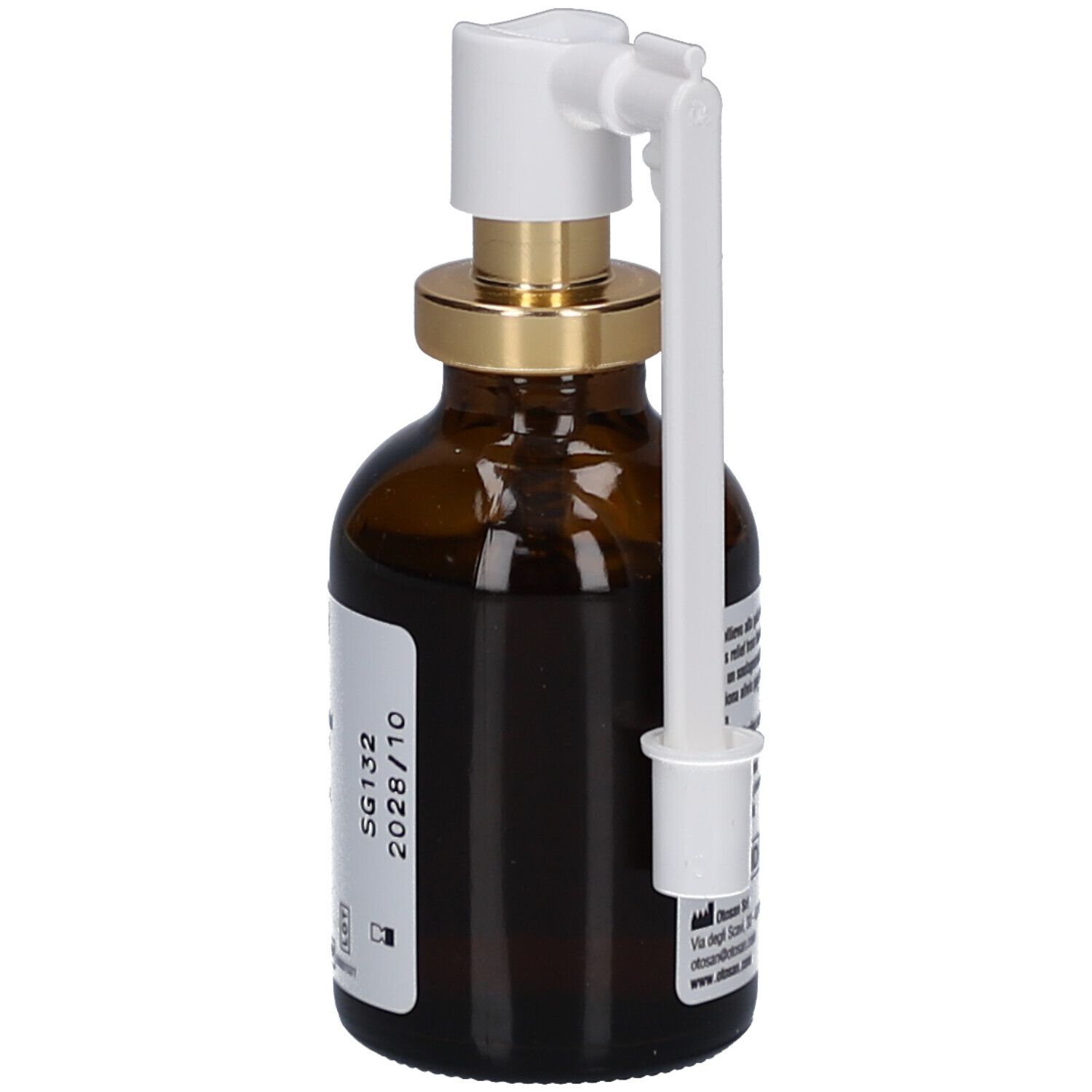 Braune Glasflasche mit Sprühkopf. Aufschrift: Otosan Spray Forte. Etikett mit Inhaltsstoffen und Verfallsdatum.