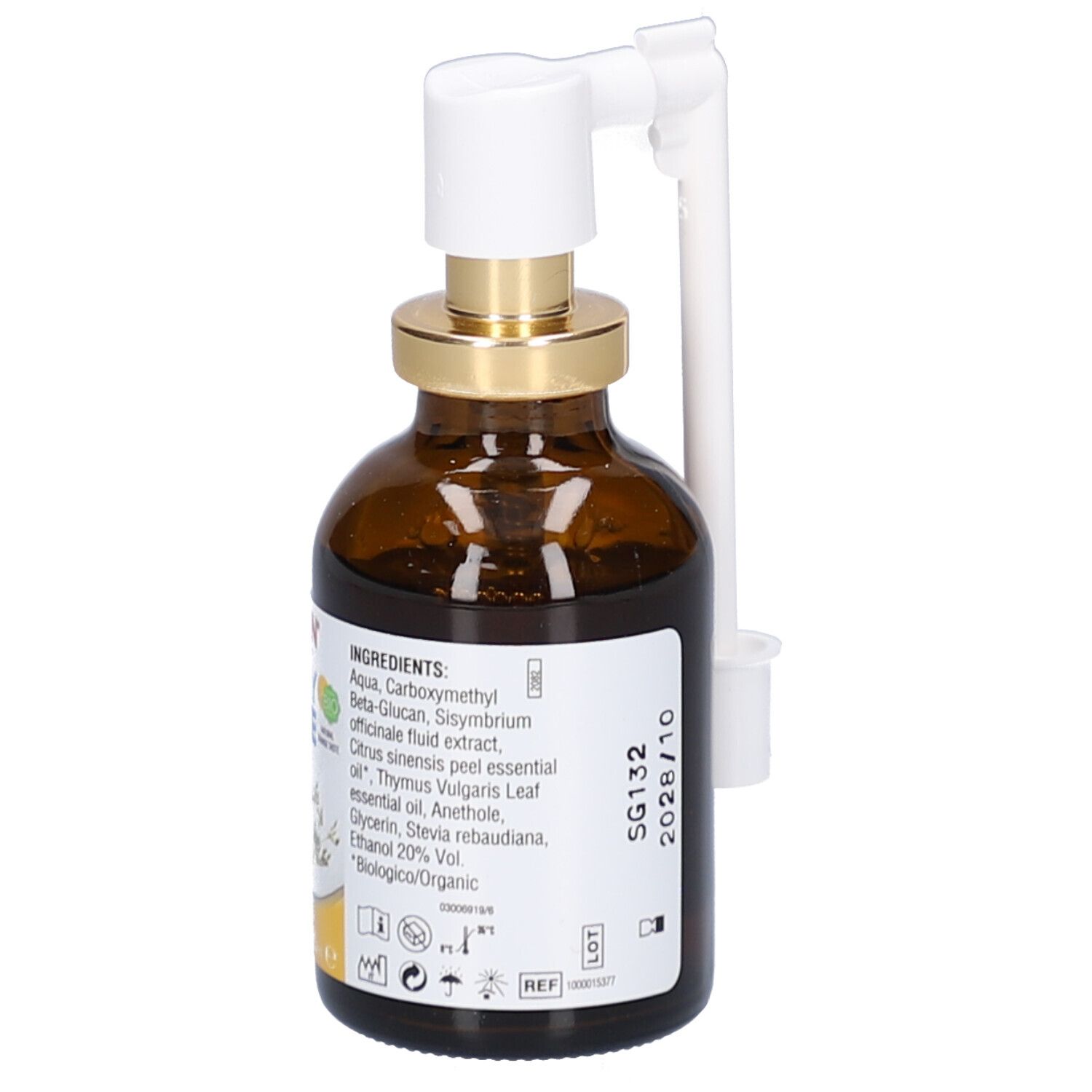 Braune Glasflasche mit Sprühkopf. Aufschrift: Otosan Spray Forte. Etikett mit Inhaltsstoffen und Bio-Siegel.