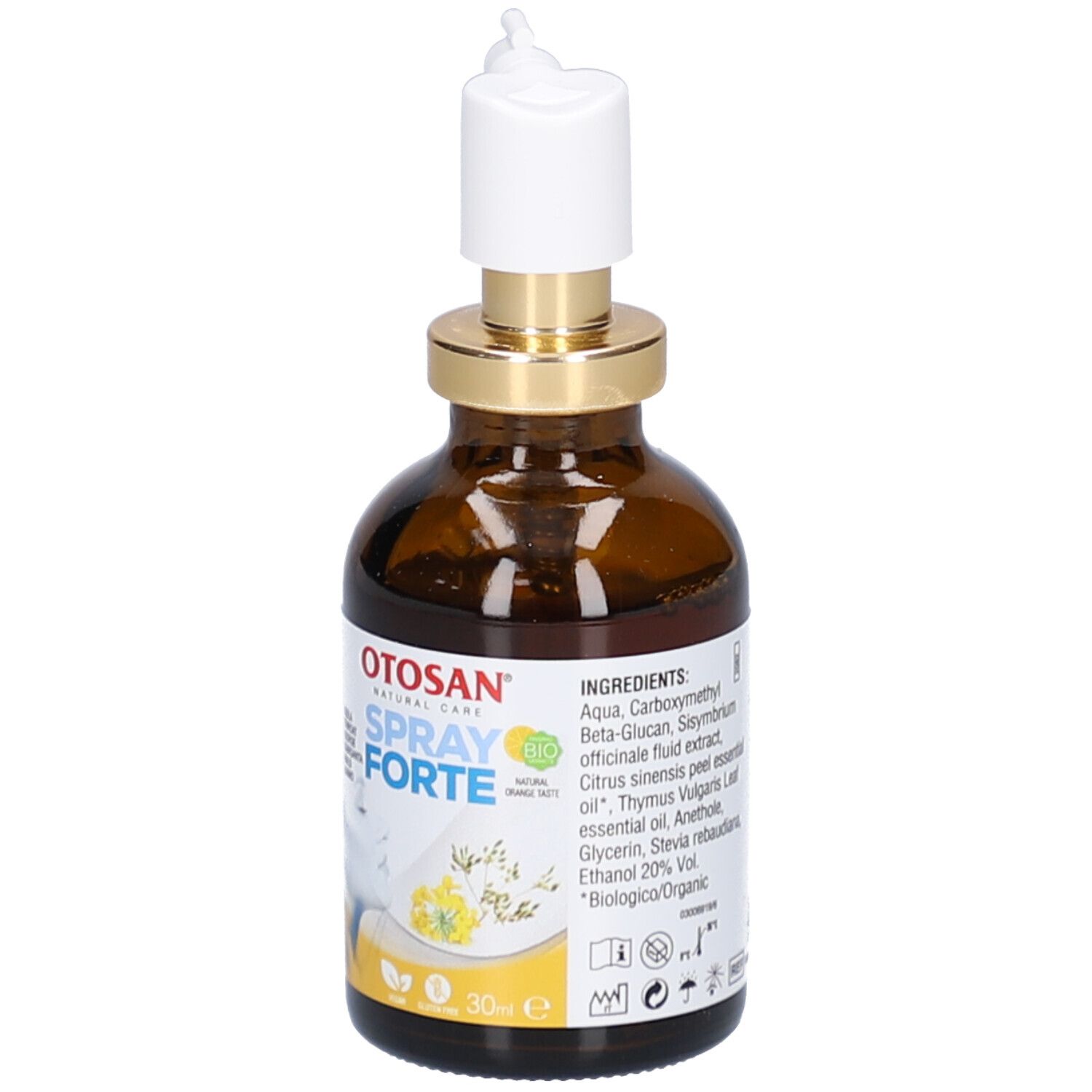 Braune Glasflasche mit Sprühkopf. Aufschrift: Otosan Spray Forte. Etikett mit Inhaltsstoffen und Bio-Siegel.