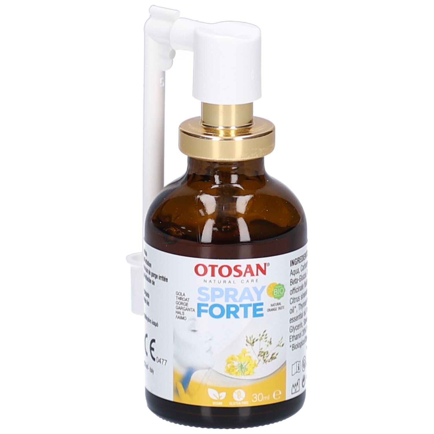 Braune Glasflasche mit Sprühkopf. Aufschrift: Otosan Spray Forte. Etikett mit Inhaltsstoffen und Bio-Siegel.