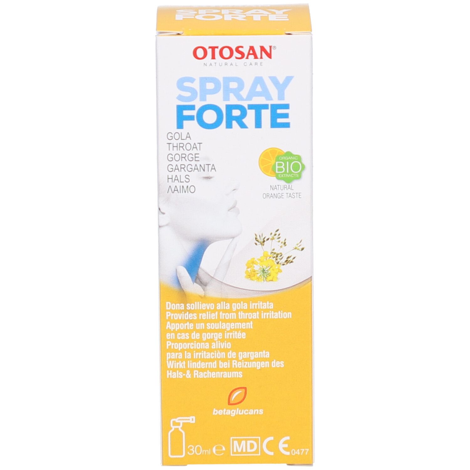 Otosan Spray Forte und Verpackung. Verpackung gelb-weiß mit Produktabbildung und Text in mehreren Sprachen.