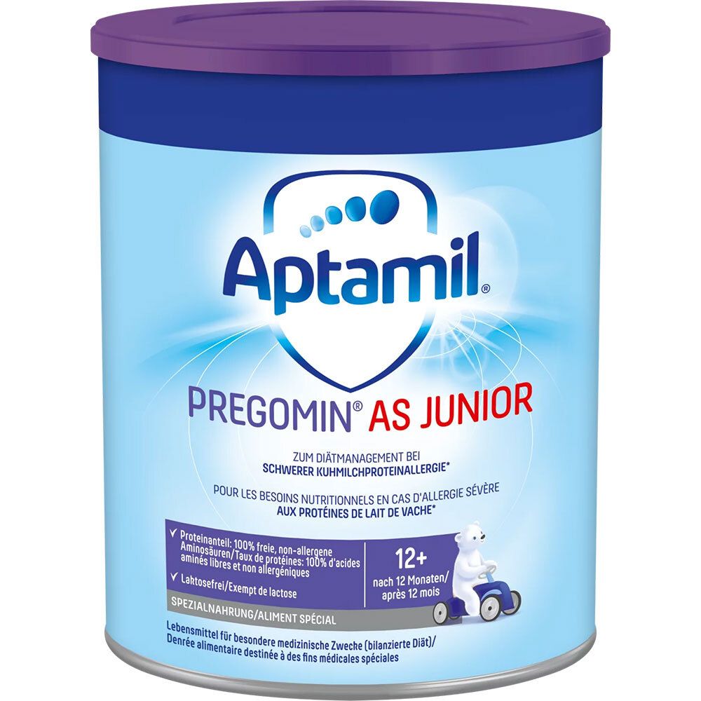 Runde Dose mit Deckel. Aufschrift: Aptamil Pregomin AS Junior. Für Kinder ab 12 Monaten. Spezielle Babynahrung.