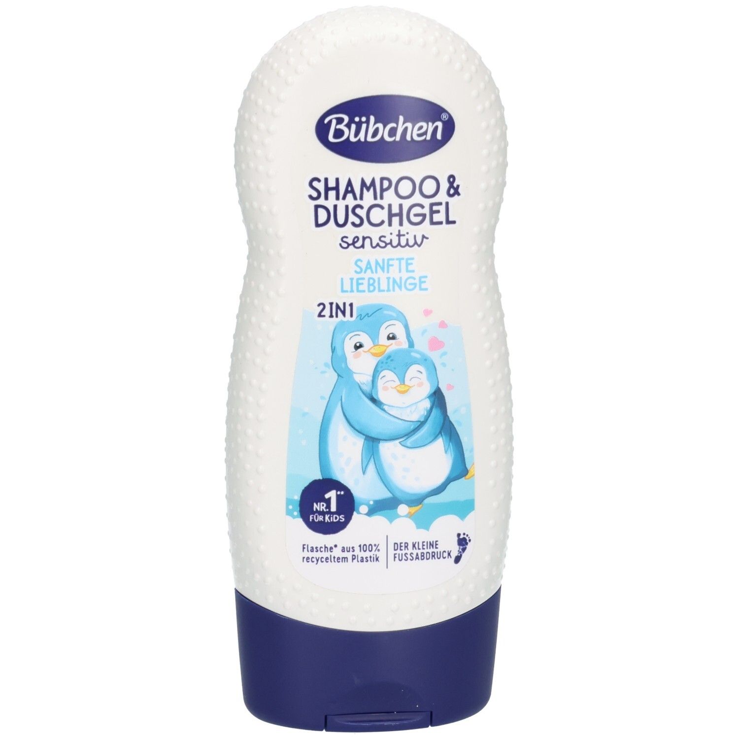 Bübchen Shampoo & Duschgel sensitiv Sanfte Lieblinge 2in1 Flasche mit Pinguin-Motiv. 100% recycelter Kunststoff.
