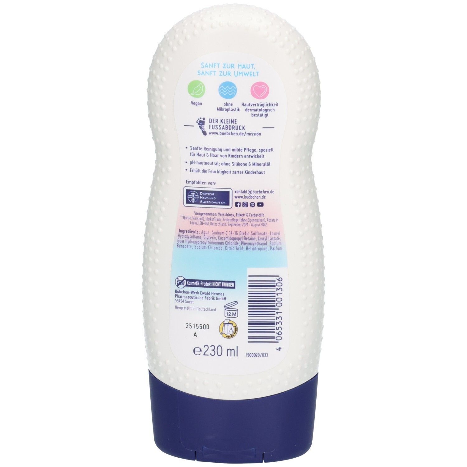 Weiße Flasche mit blauer Kappe, 230 ml Inhalt. Enthält Siegel für vegan, ohne Mikroplastik, dermatologisch getestet.