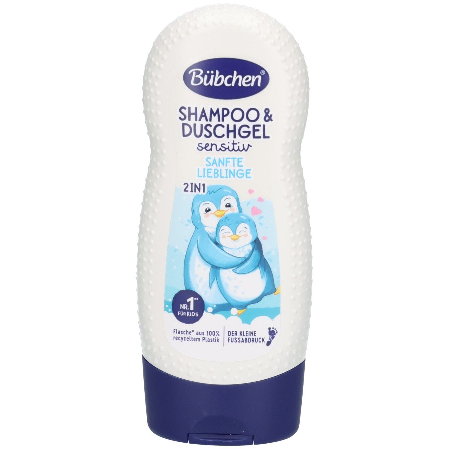 Bübchen Shampoo & Duschgel sensitiv Sanfte Lieblinge 2in1 Flasche mit Pinguin-Motiv.