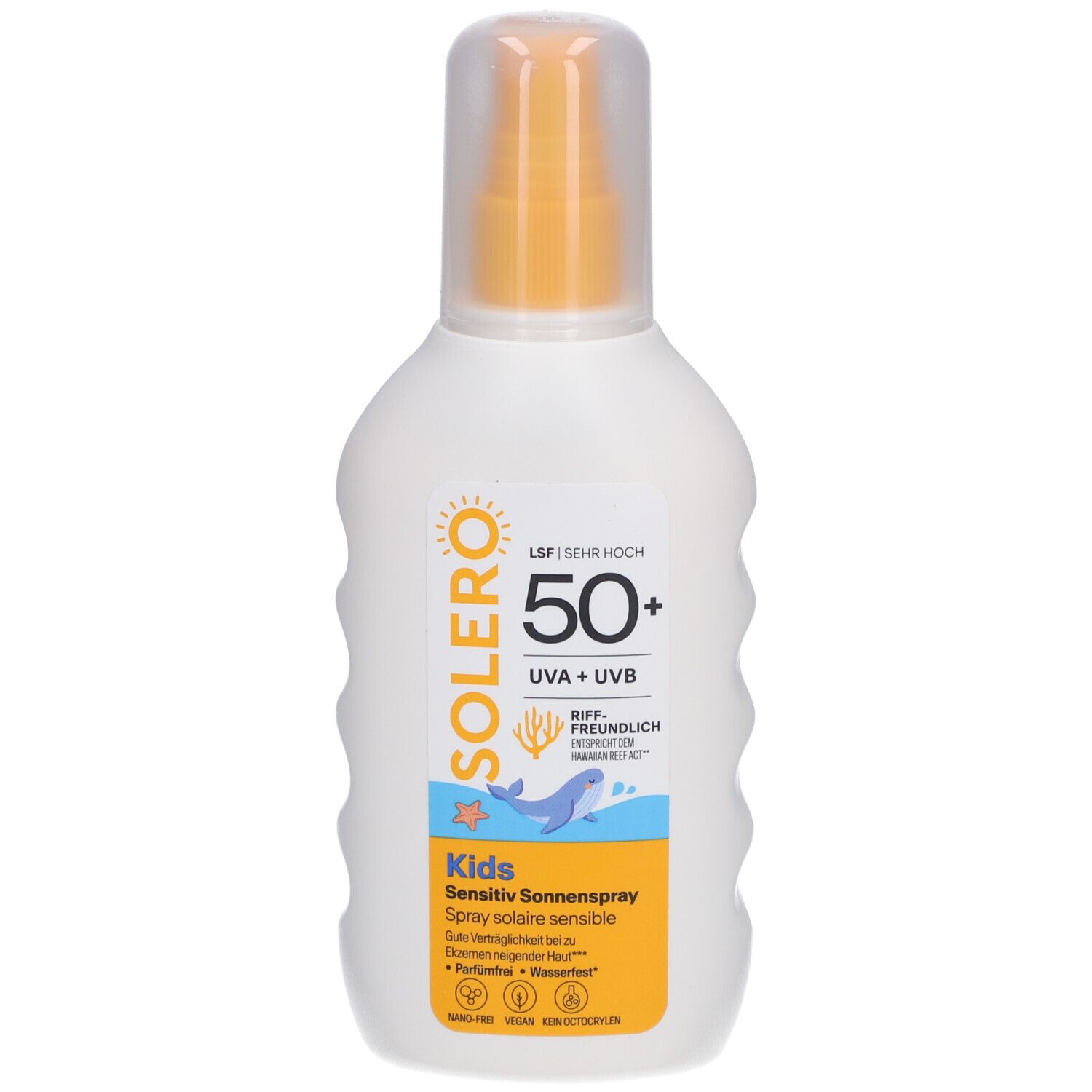 Flacon blanc avec vaporisateur jaune. Inscription : SOLERO, 50+, UVA+UVB, Kids, Spray solaire sensitif.