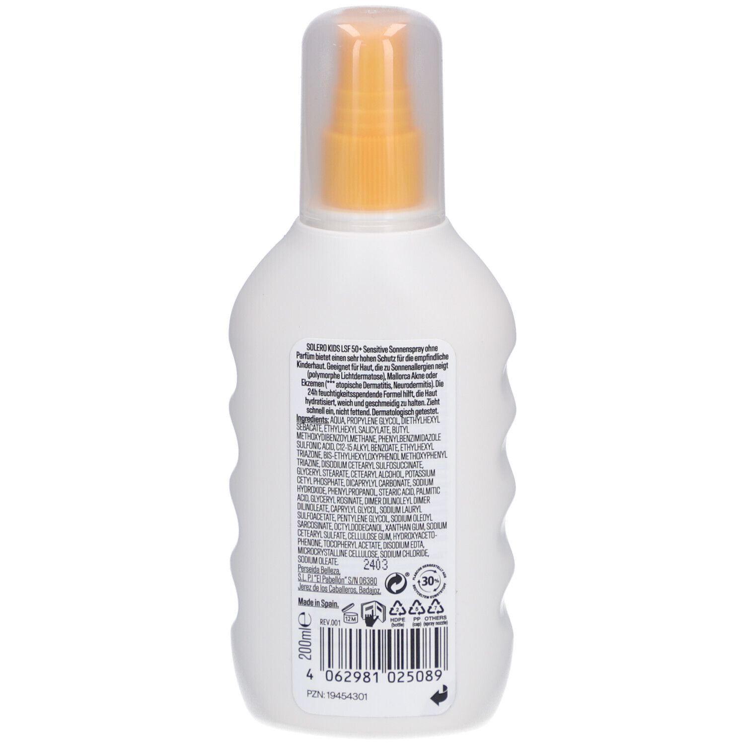 Dos du flacon blanc. Texte avec ingrédients et informations. En bas : 200 ml, code-barres.