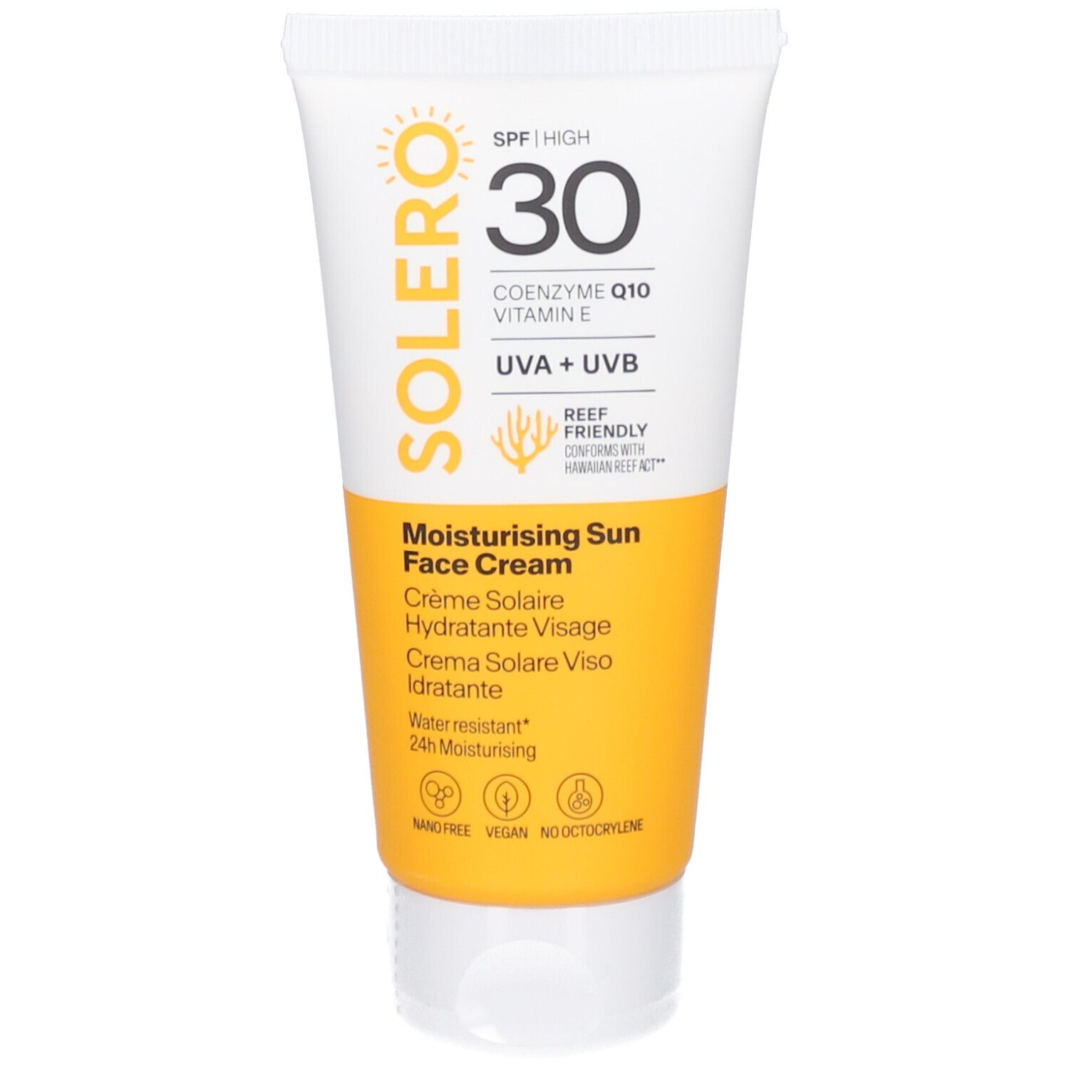 Weiße Tube SOLERO Sonnencreme SPF30. Gelber Bereich mit Produktnamen und Inhaltsstoffen. Enthält UVA+UVB und ist wasserfest.