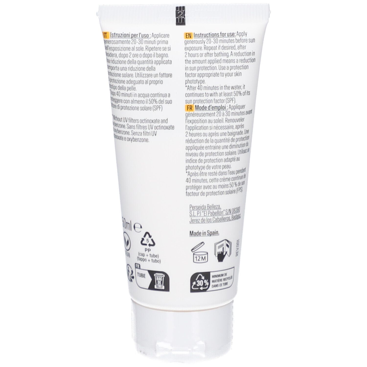 Rückseite der SOLERO Sonnencreme-Tube. Enthält Anweisungen in mehreren Sprachen, Inhaltsstoffe und Recycling-Symbole.