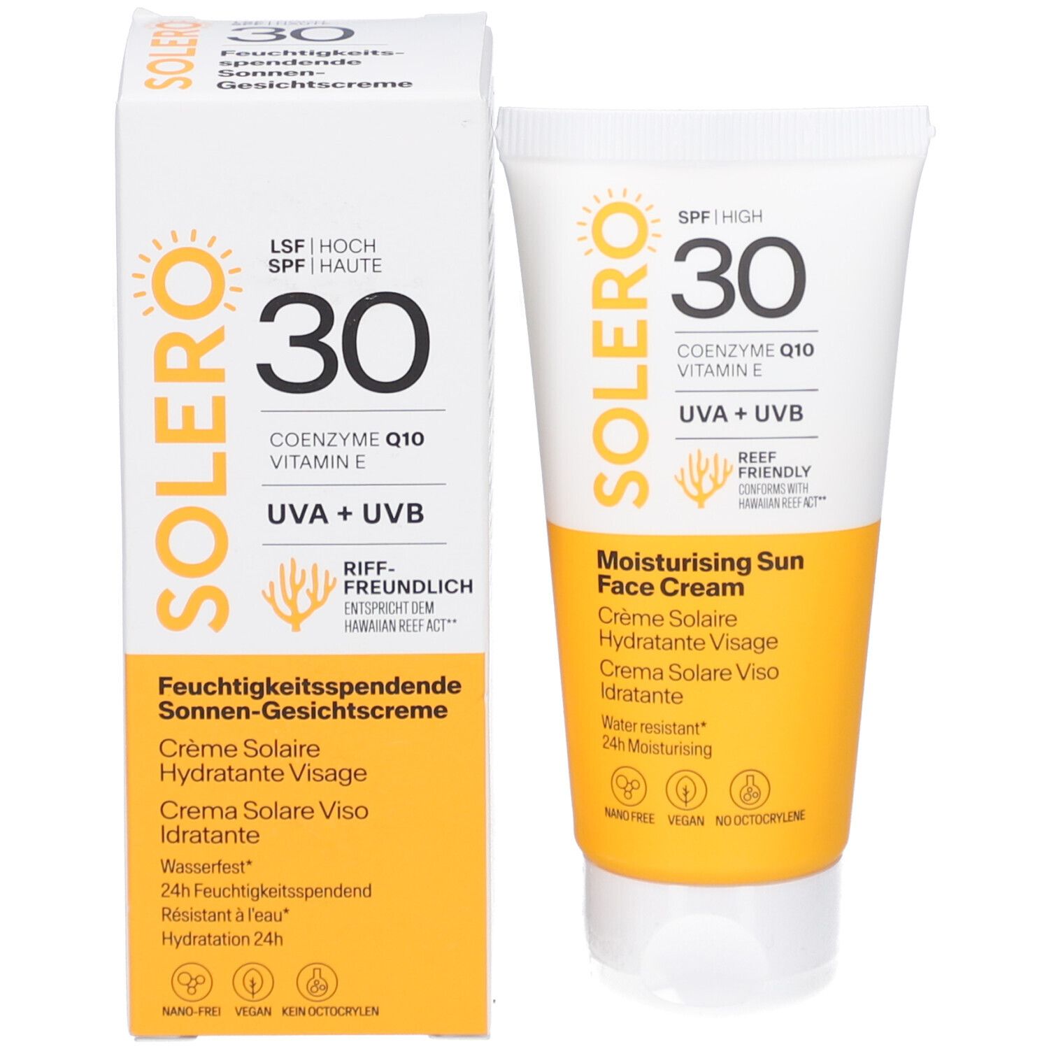 SOLERO Sonnencreme SPF30 Tube und Schachtel. Schachtel zeigt Produktnamen, SPF30, und Inhaltsstoffe. Tube daneben.