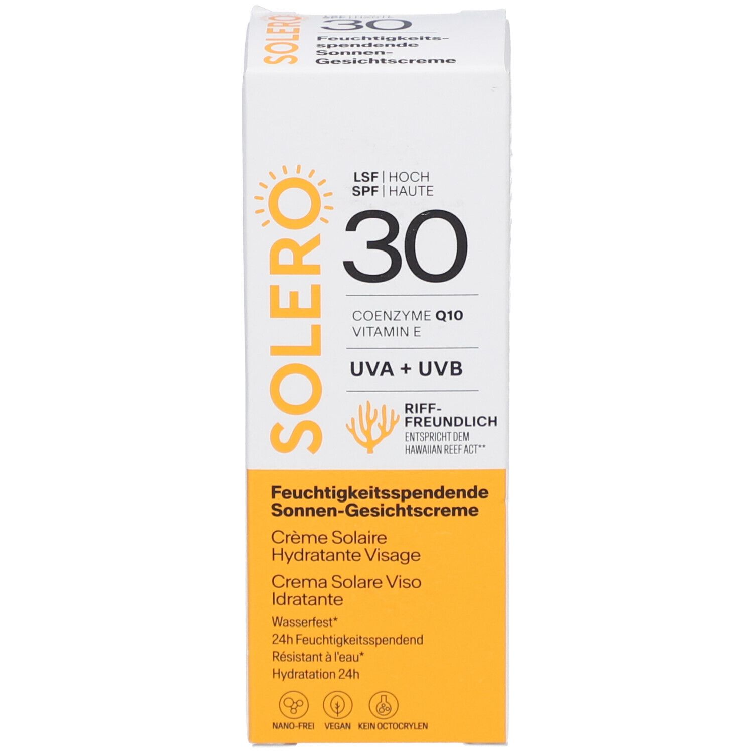 SOLERO Sonnencreme SPF30 Schachtel. Zeigt Produktnamen, SPF30, Inhaltsstoffe und Zertifizierungen. Gelber Bereich.