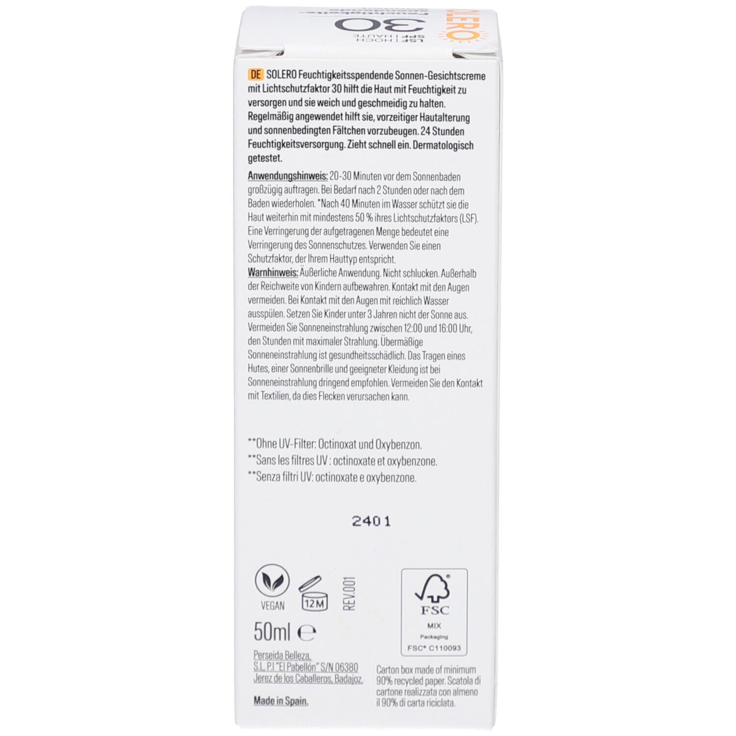SOLERO Sonnencreme-Schachtel. Enthält Produktinformationen, Inhaltsstoffe, Warnhinweise und Recycling-Symbole.