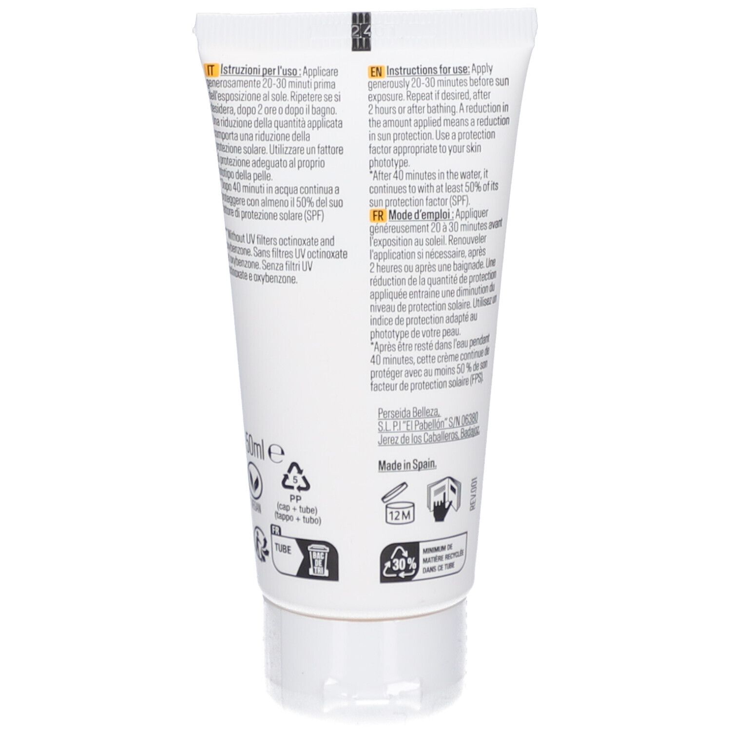 Rückseite der weißen Tube. Text in mehreren Sprachen. Angaben zur Anwendung, Inhaltsstoffe und Hersteller. Recycling-Symbole.