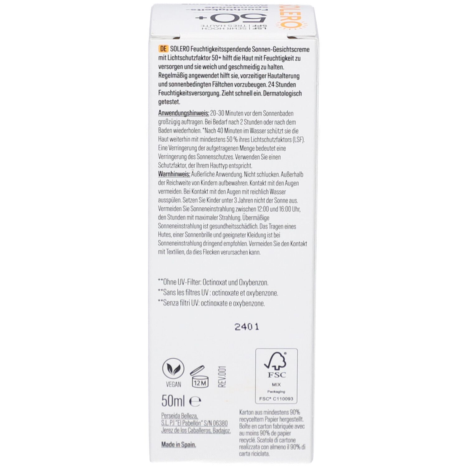 Rückseite der Kartonverpackung. Text in Deutsch. Angaben zur Anwendung, Inhaltsstoffe und Hersteller. Recycling-Symbole. FSC-Siegel.