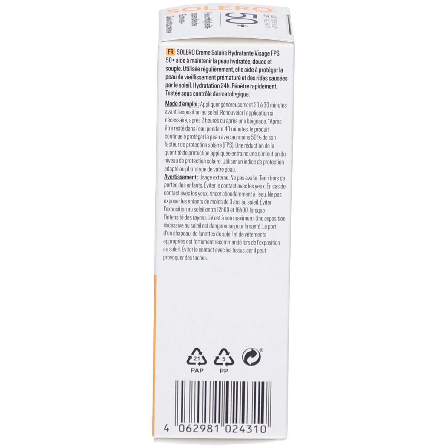 Rückseite der Kartonverpackung. Text in Französisch. Angaben zur Anwendung, Inhaltsstoffe und Hersteller. Recycling-Symbole. Barcode.