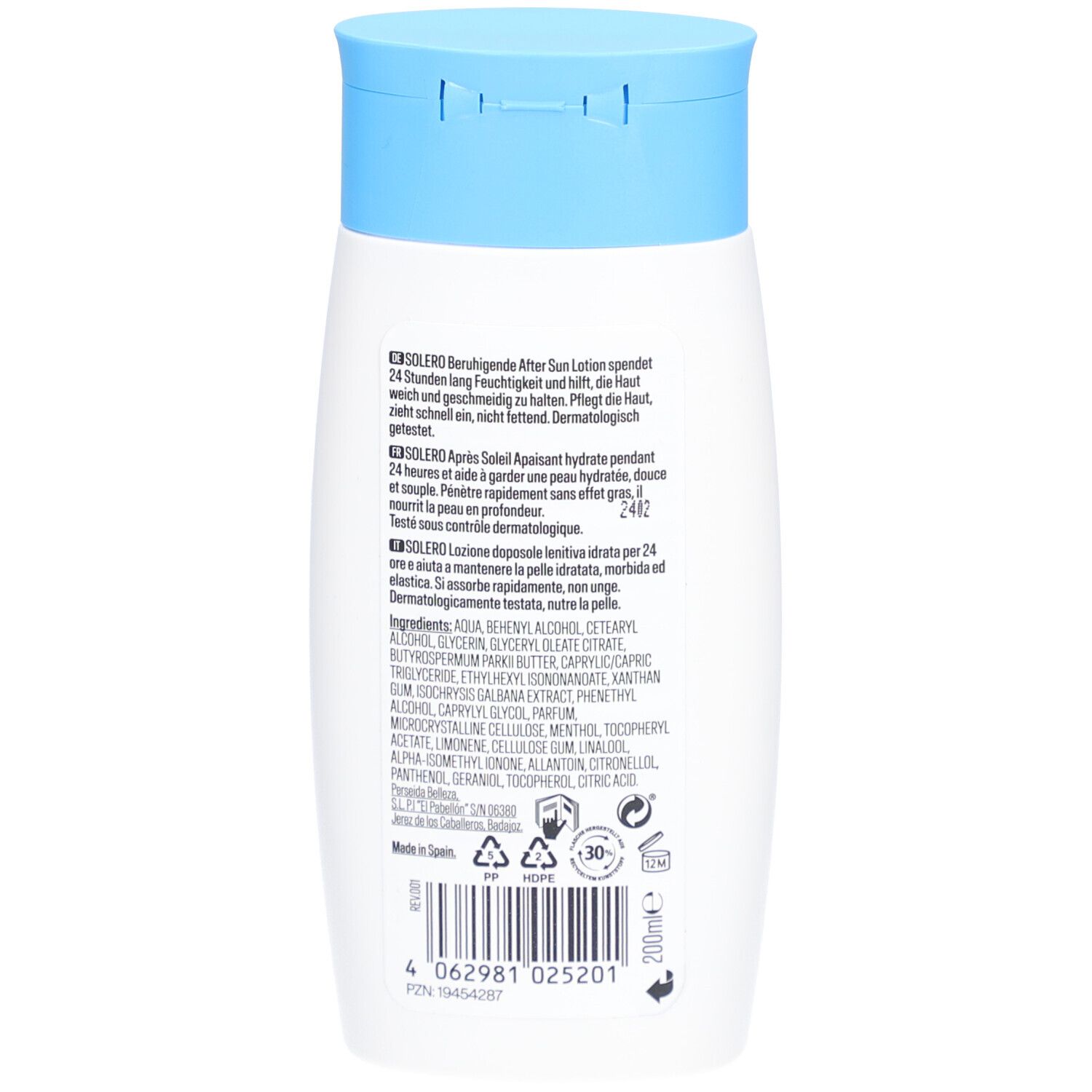 Rückseite der SOLERO After Sun Lotion. Text und Inhaltsstoffe. Flasche mit blauem Deckel. Logos: vegan, nano-frei. Volumen: 200ml.