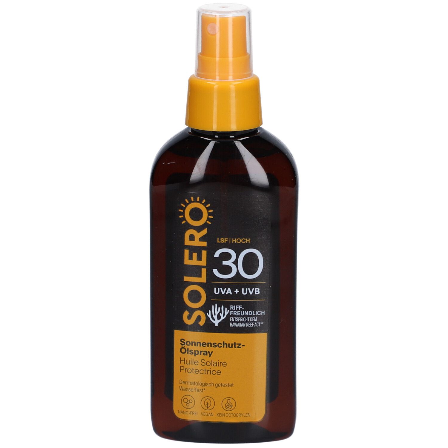 SOLERO Sonnenschutz-Ölspray SPF30. Braune Flasche mit gelbem Sprühkopf. Text: UVA+UVB, Lichtschutzfaktor 30.