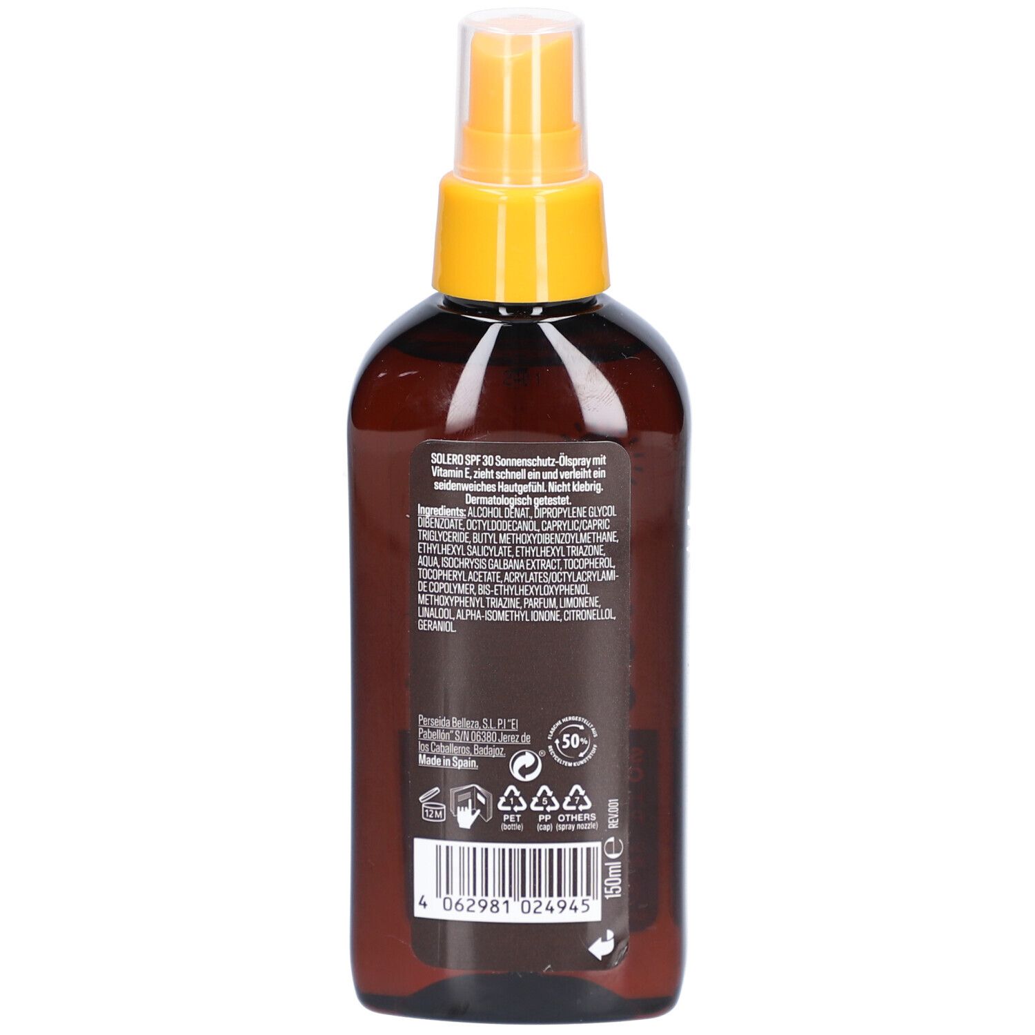 Rückseite der SOLERO Sonnenschutz-Ölspray Flasche. Enthält Inhaltsstoffe und Informationen. 150ml.