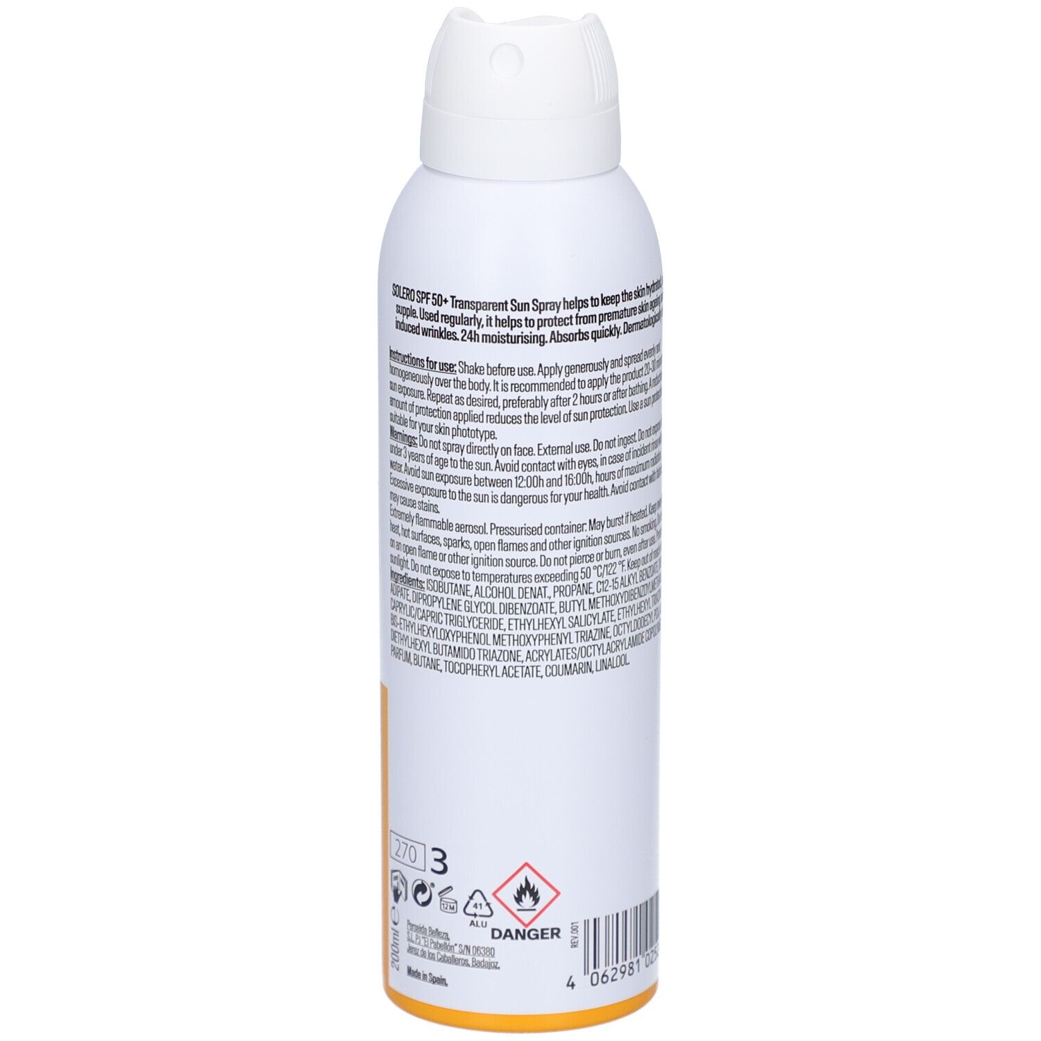 Dos du flacon spray blanc avec texte. Contient instructions, avertissements et symboles de danger.