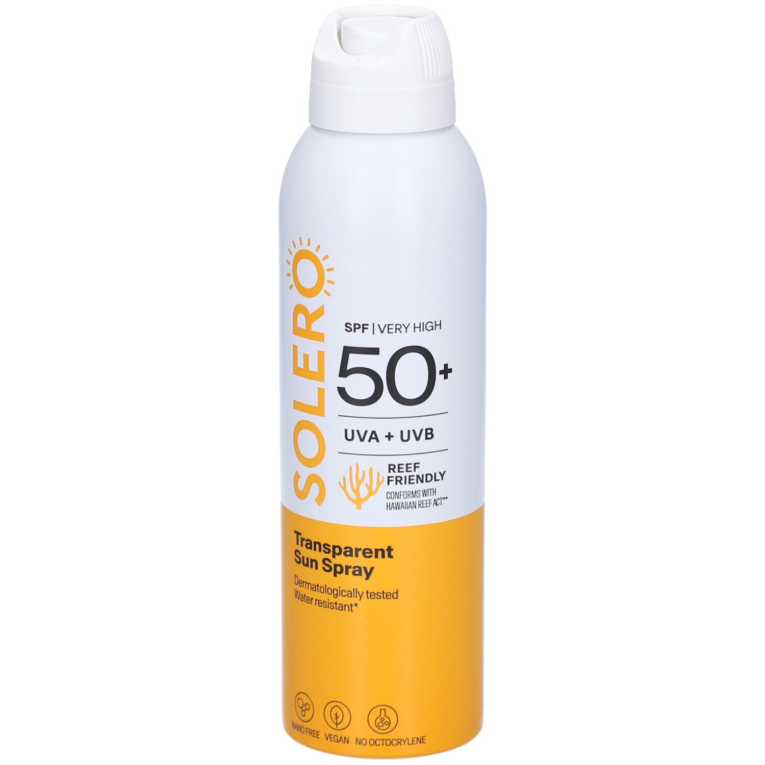 Flacon spray blanc avec logo SOLERO, SPF 50+, UVA+UVB, Transparent Sun Spray. Résistant à l'eau.