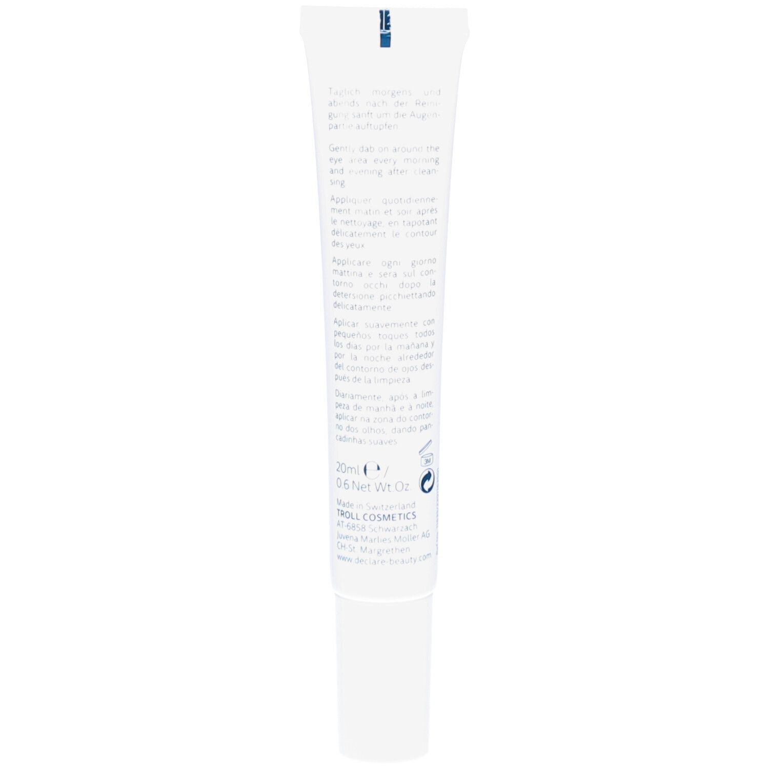 Dos du tube blanc. Texte multilingue. Logo DECLARÉ et informations sur le produit.