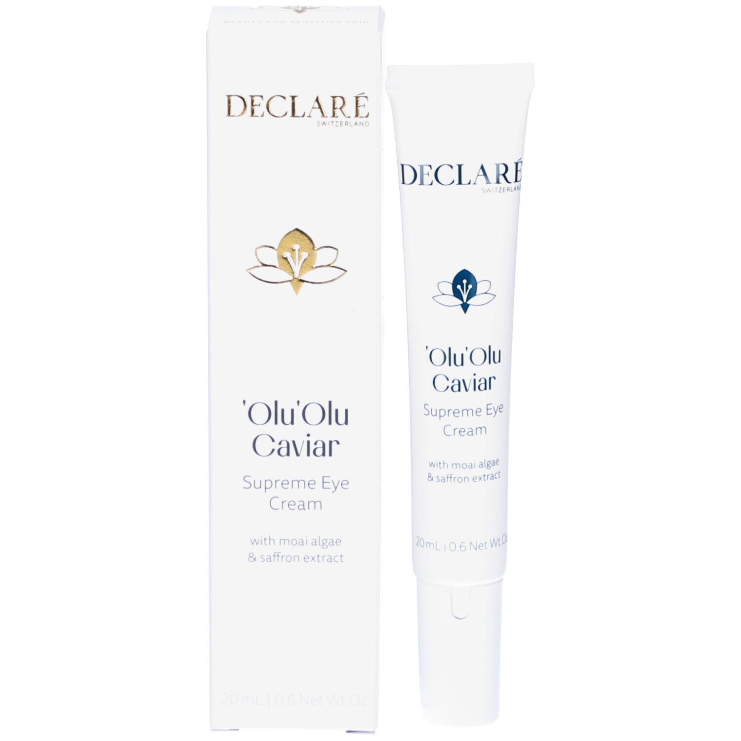 Tube et emballage. Logo DECLARÉ et nom du produit. Contient 'Olu'Olu Caviar Supreme Eye Cream.