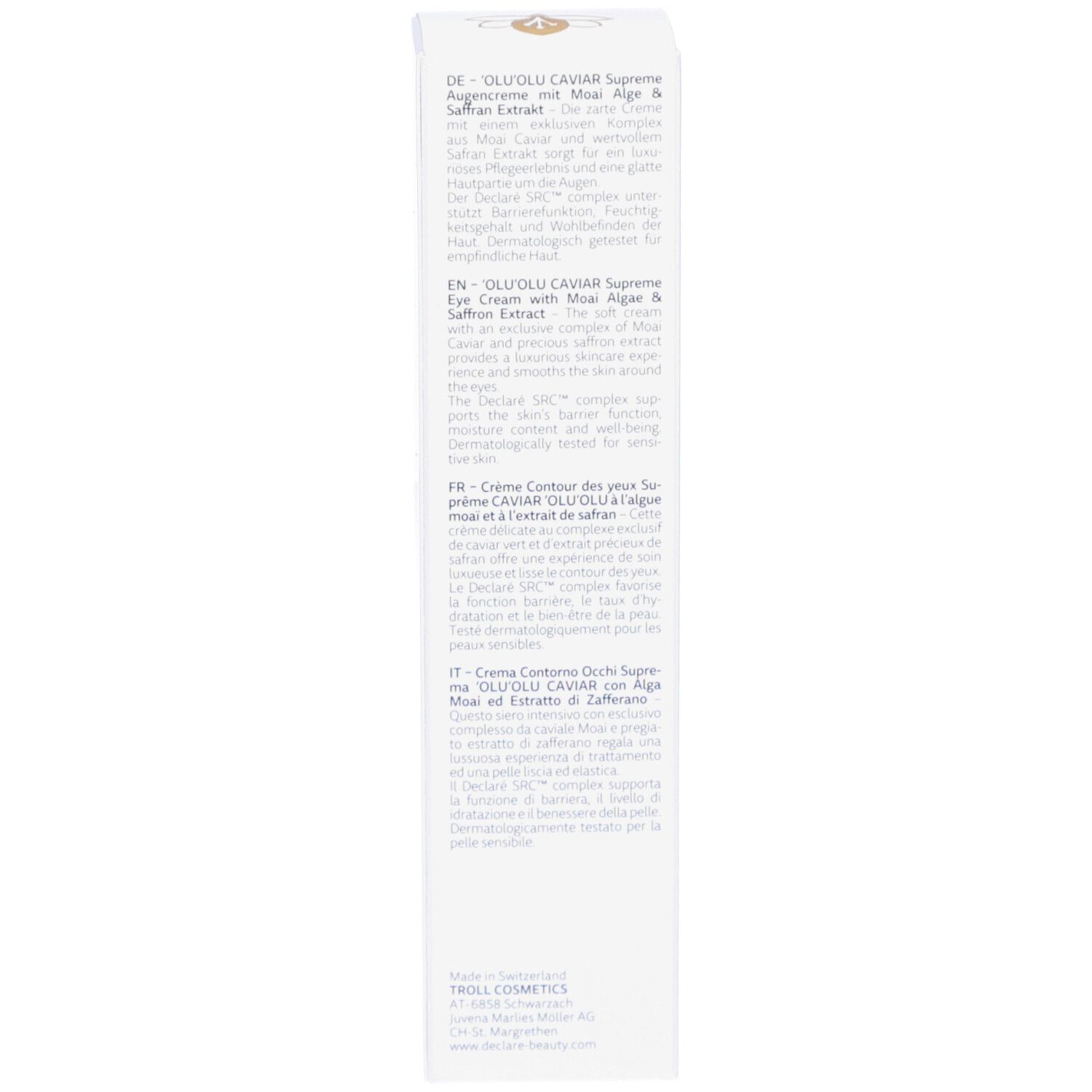 Côté de l'emballage. Texte multilingue. Logo DECLARÉ et informations sur le produit.