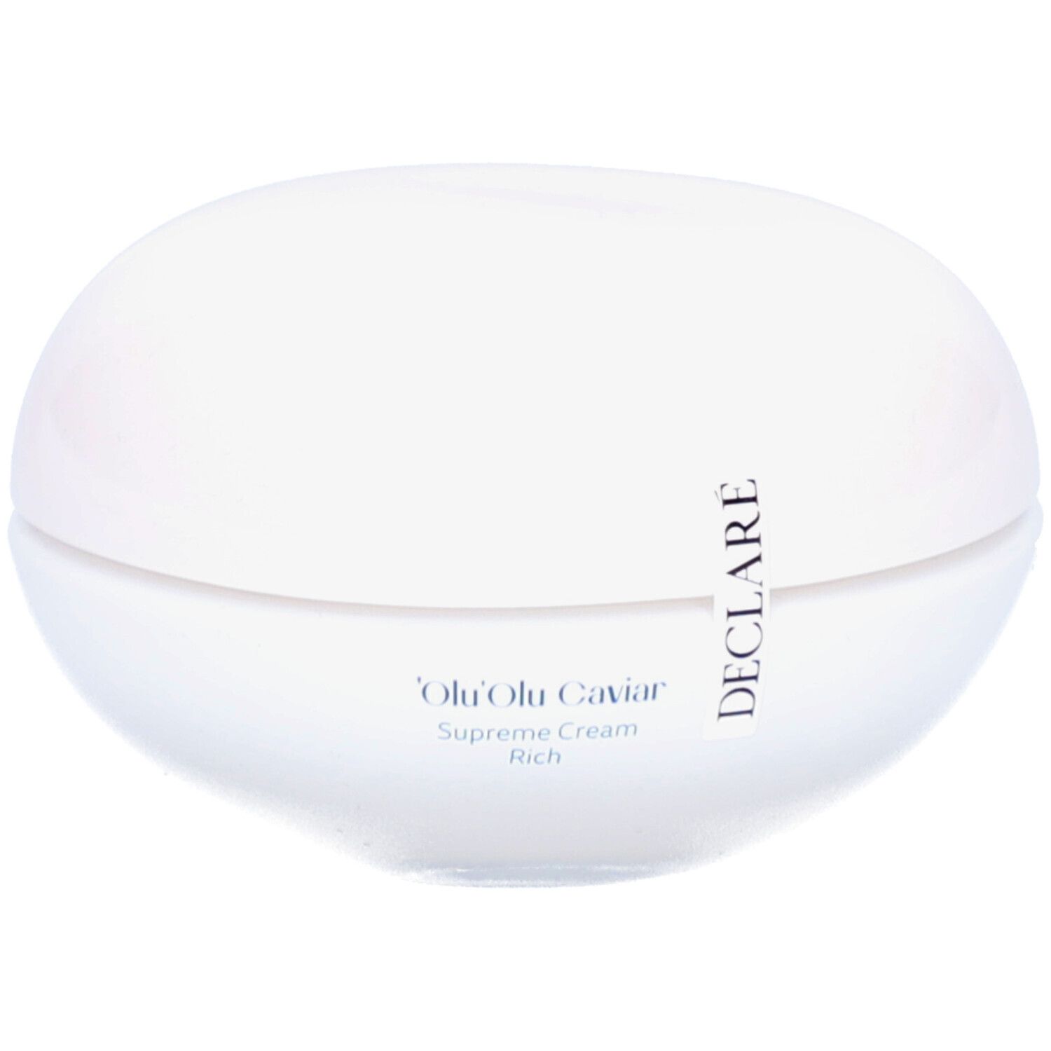 Pot blanc avec couvercle. Inscription : DECLARÉ, 'Olu 'Olu Caviar Supreme Cream Rich.
