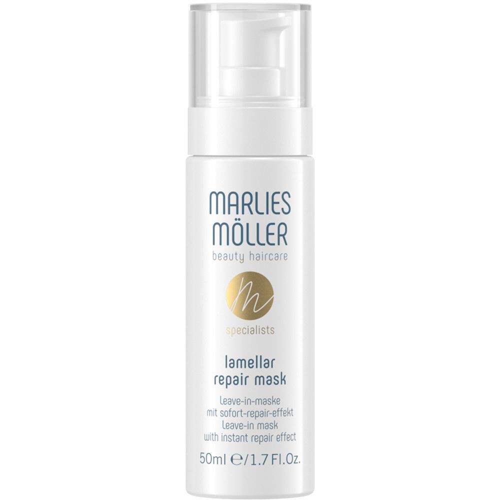 Weiße Flasche mit Pumpverschluss. Aufschrift: Marlies Möller, Lamellar Repair Mask. 50ml.