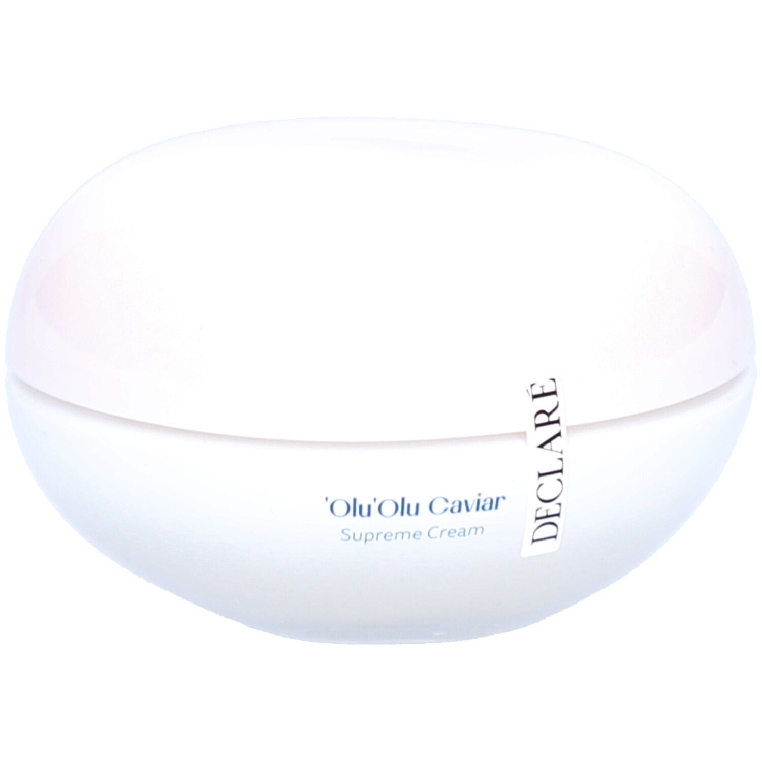 Pot blanc avec couvercle. Inscription: DECLARE et 'Olu'Olu Caviar Supreme Cream.