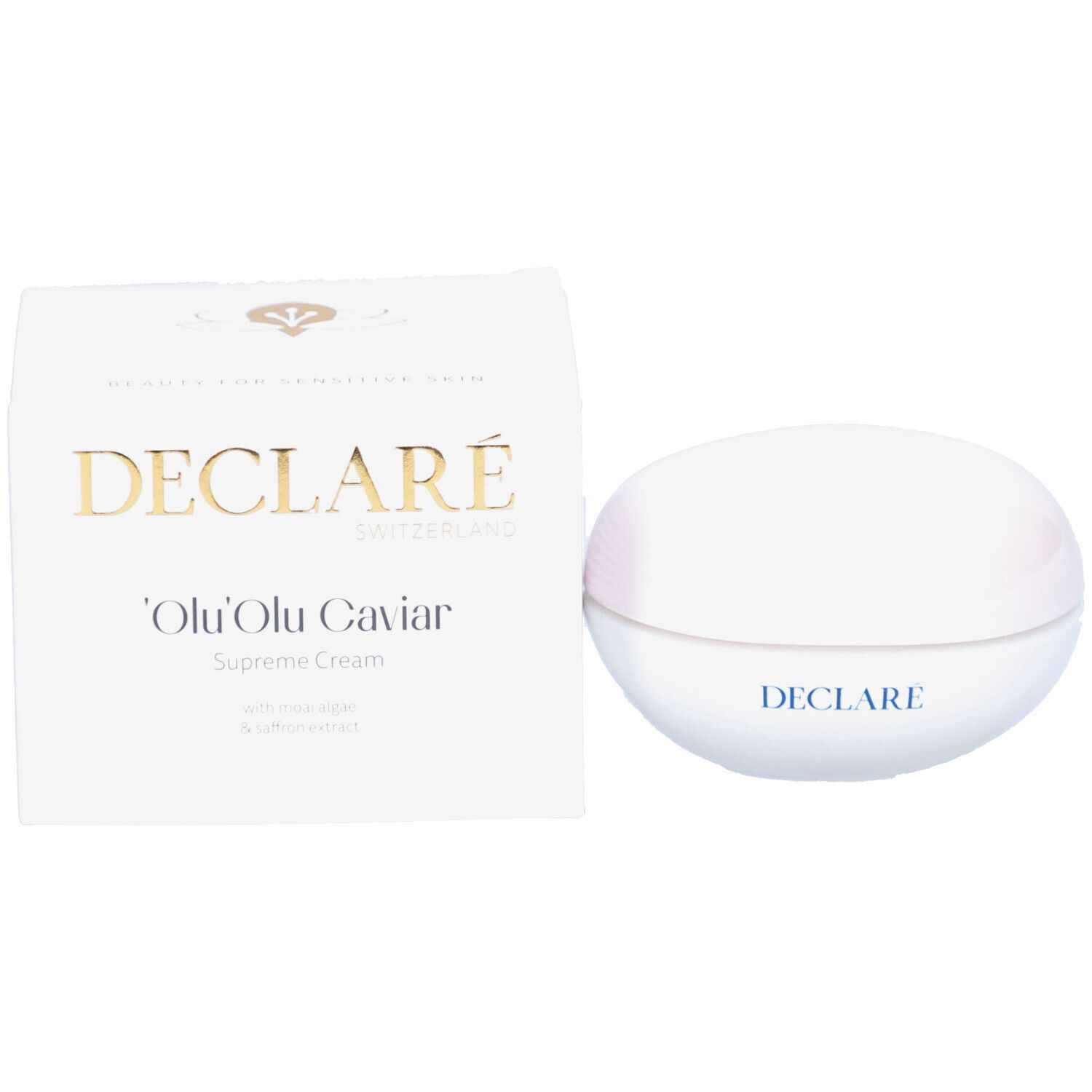 Emballage et pot. Inscription: DECLARE, 'Olu'Olu Caviar Supreme Cream.